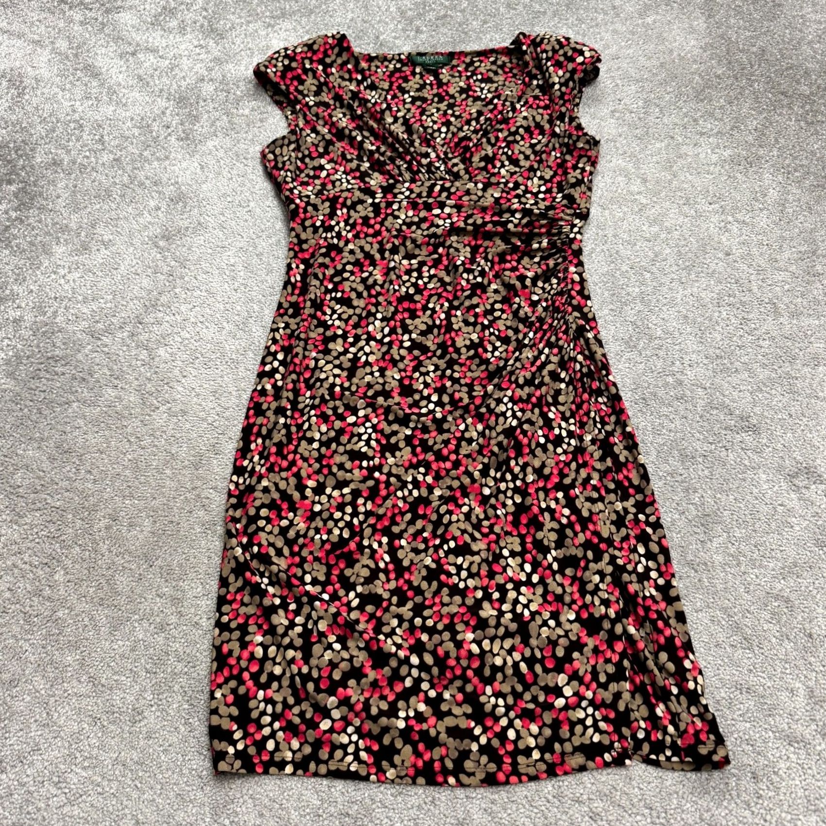 Ralph Lauren Lauren Ralph Lauren Padded Shoulders Midi Sheath Dress Womens 10 Cap Sleeve Multicolor V-Neck Pullover Knit Stretch Ruched Casual Workwear 90s? Size L / US 10 / IT 46 - 2 Thumbnail