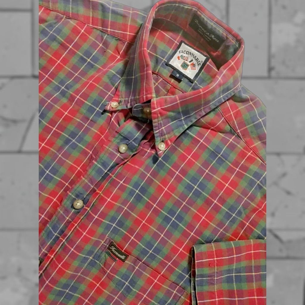 VINTAGE Faconnable Multicolor Plaid Cotton Short Sleeve Dress Shirt Mens Small S