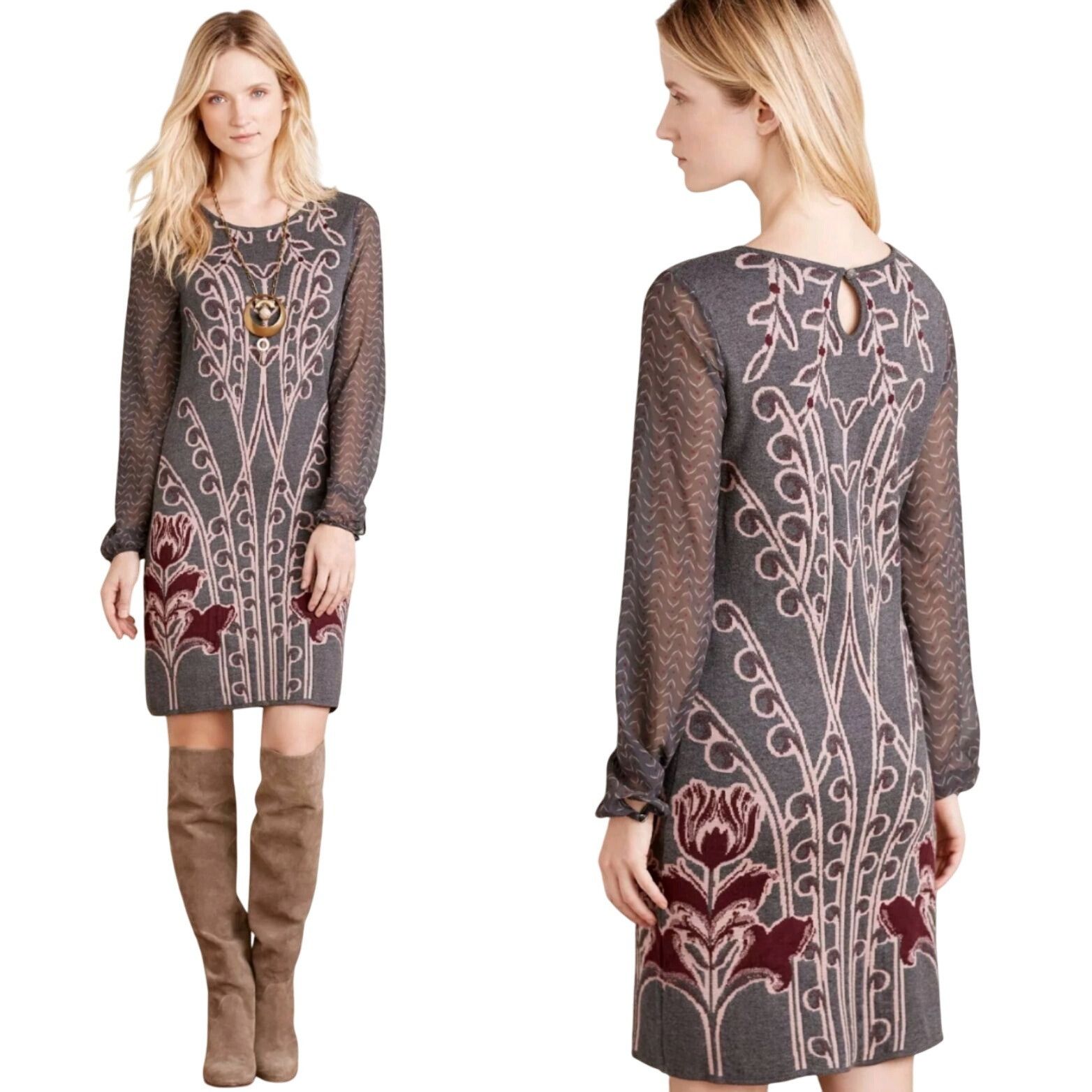 Designer Anthropologie Knitted & Knotted Floral Sweater Dress S Gray |  Grailed