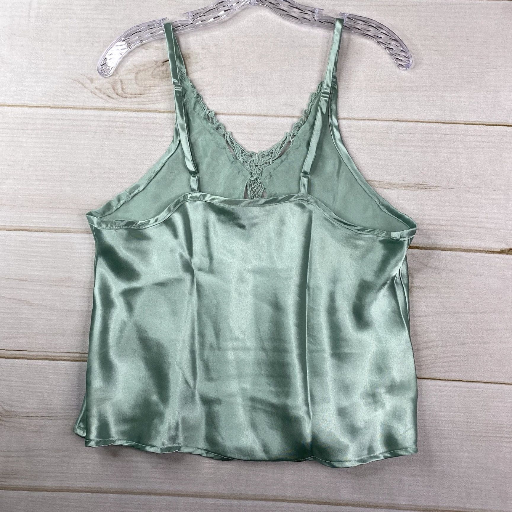 Vintage VTG Kathryn Camisole Shirt Womens M Green Satin Crochet Trim Lingerie V-Neck Adjustable Strap Slips Pajama Top Size ONE SIZE - 7 Thumbnail