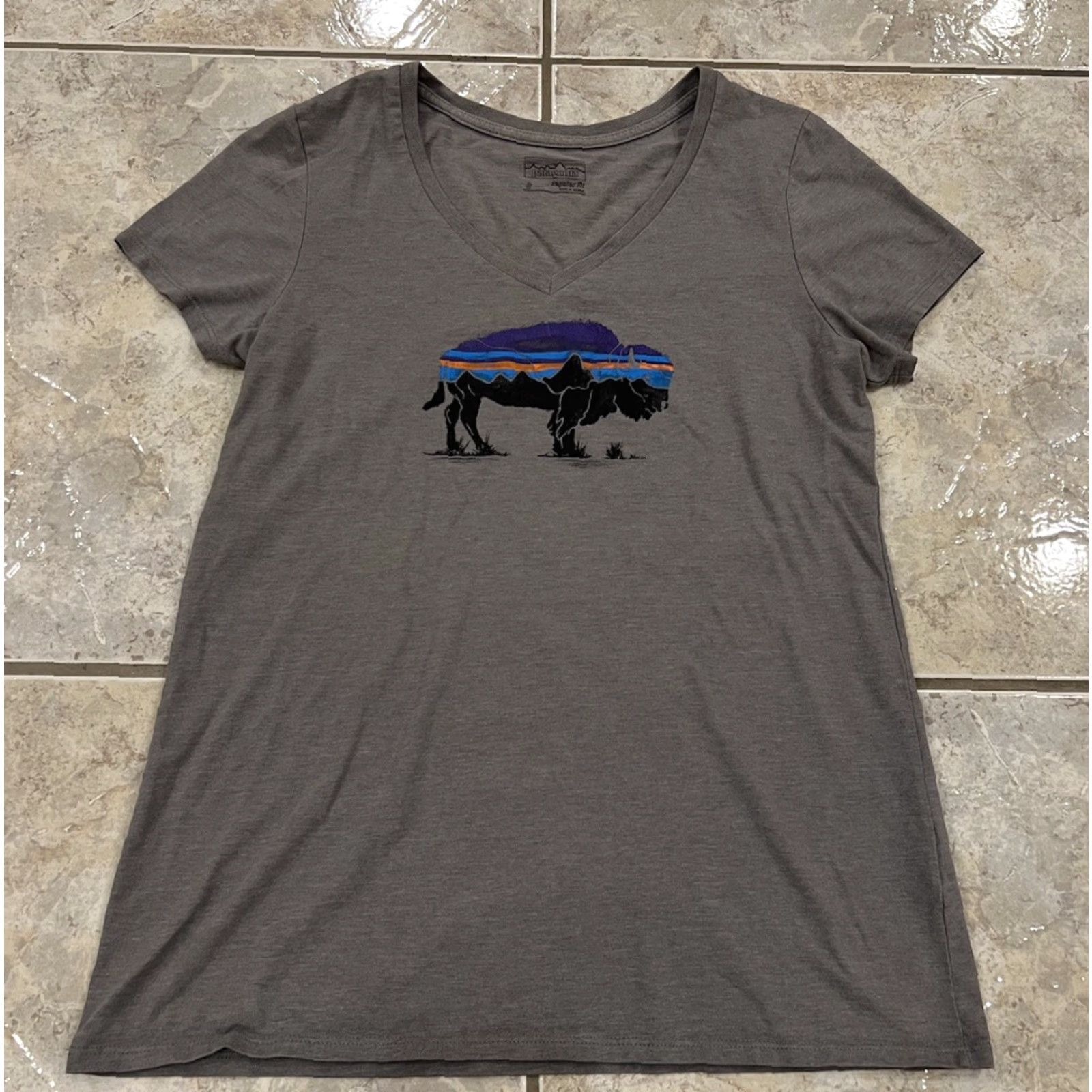 Patagonia Patagonia Women’s Small Shirt Fitz Roy Bison Gray V-Neck T-Shirt Casual Outdoor Cotton Short Sleeve Summer Regular Fit Size S / US 4 / IT 40 - 2 Thumbnail