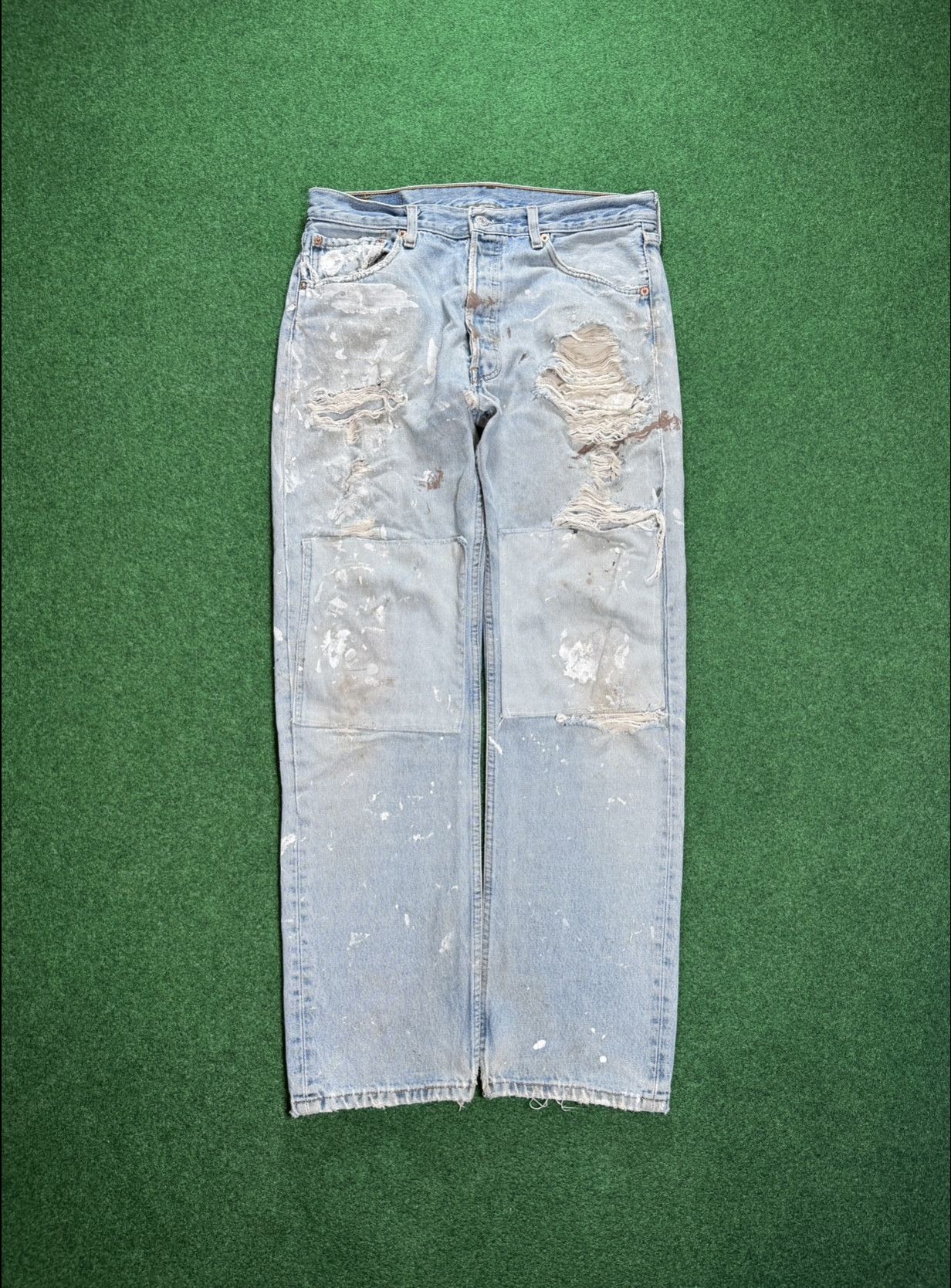 image of Levis Vintage Clothing 90's Insane Levi’S 501 Distressed Painted Double Knee Jeans in Blue (Size 34