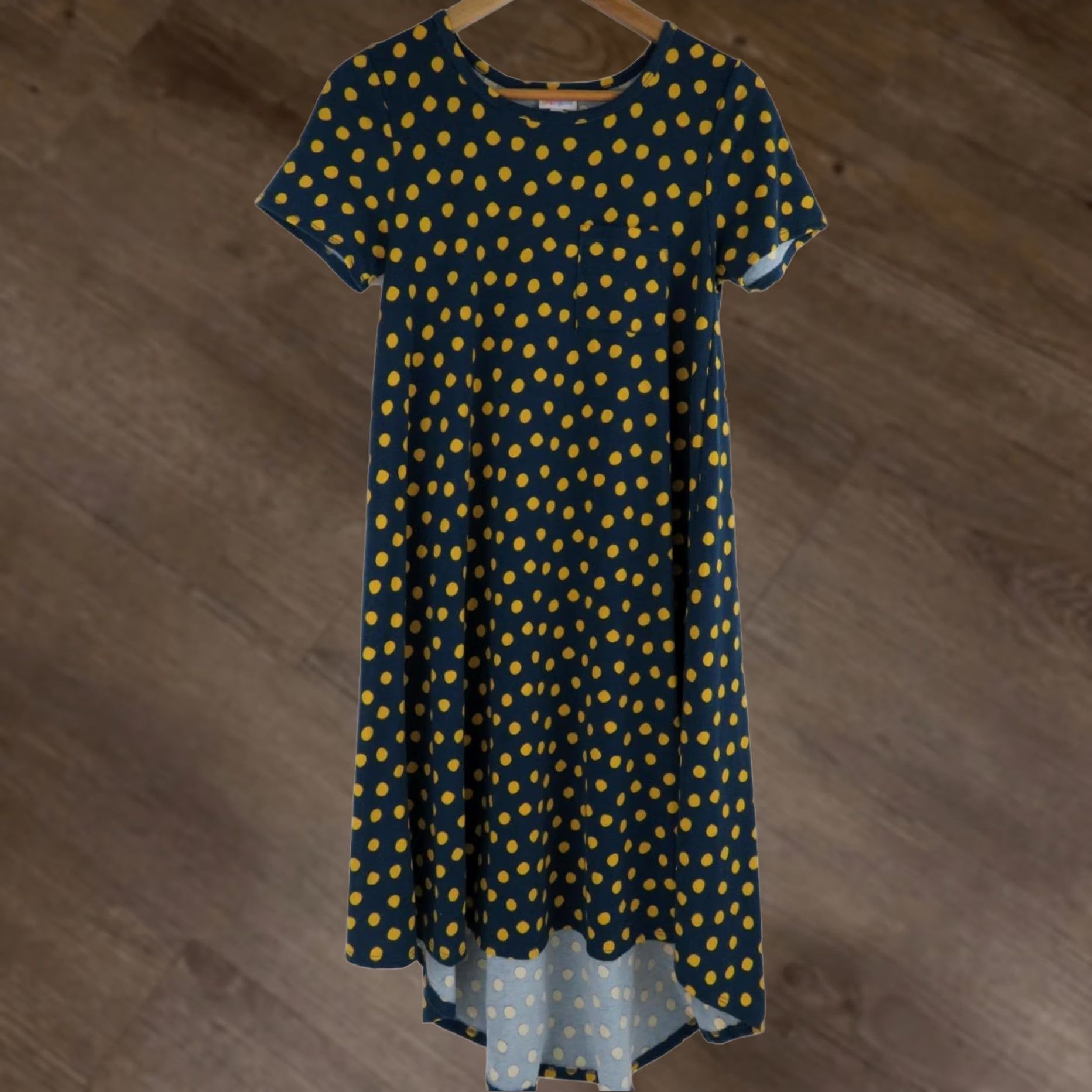 Vintage VINTAGE? No LuLaRoe Carly Polka Dot Dress 2XS Blue Yellow High Low Stretch EUC Size XXS / US 00 / IT 34 - 1 Thumbnail