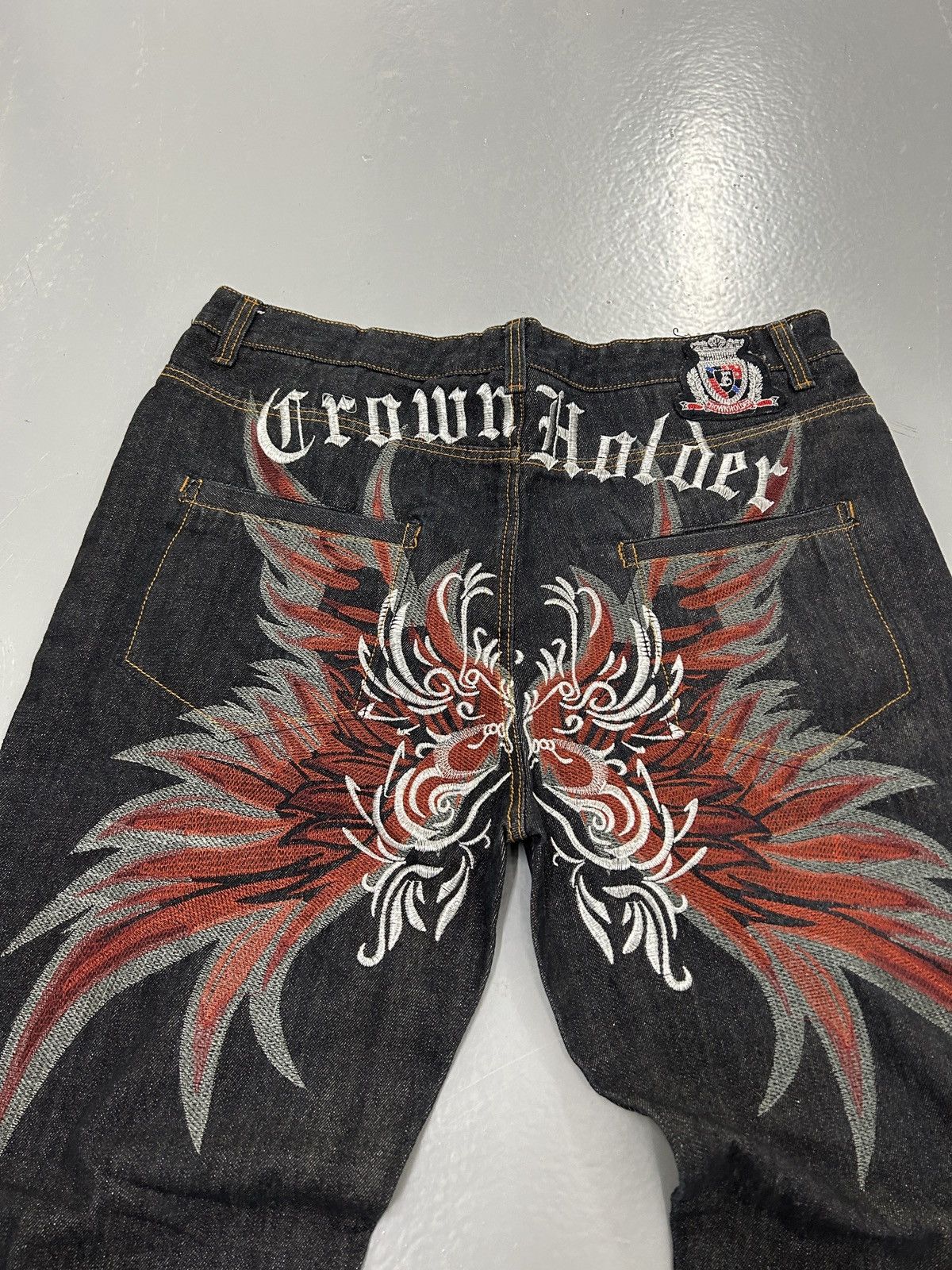 Crazy vintage y2k affliction style baggy wing cross jeans