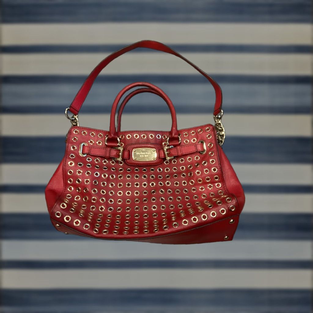 Michael Kors Red Leather Bag Shoulder Bag Large Women MK Gold Hardware Grommet Tote Vintage No