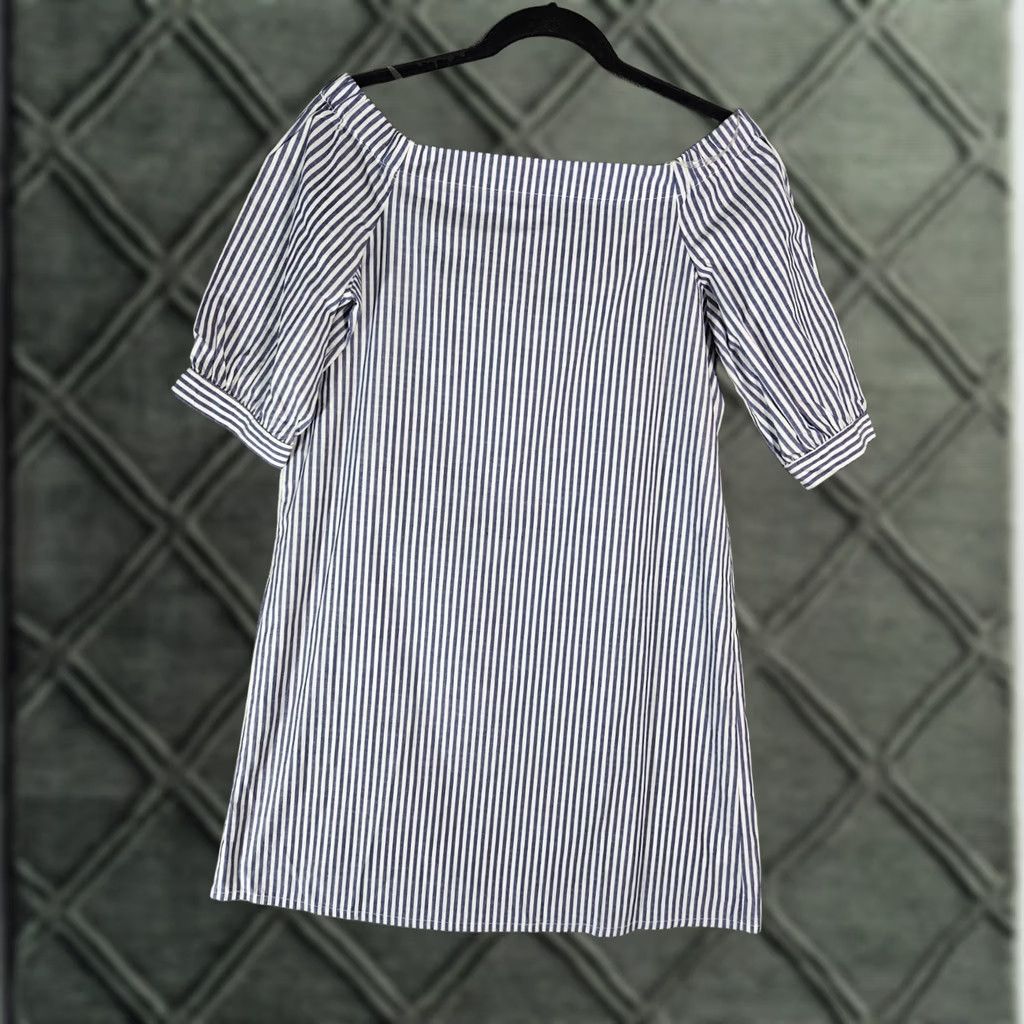 Vintage Do + Be Mini Dress Womens Small Blue Pinstripe Off The Shoulders Shift Half Slee Size S / US 4 / IT 40 - 1 Thumbnail