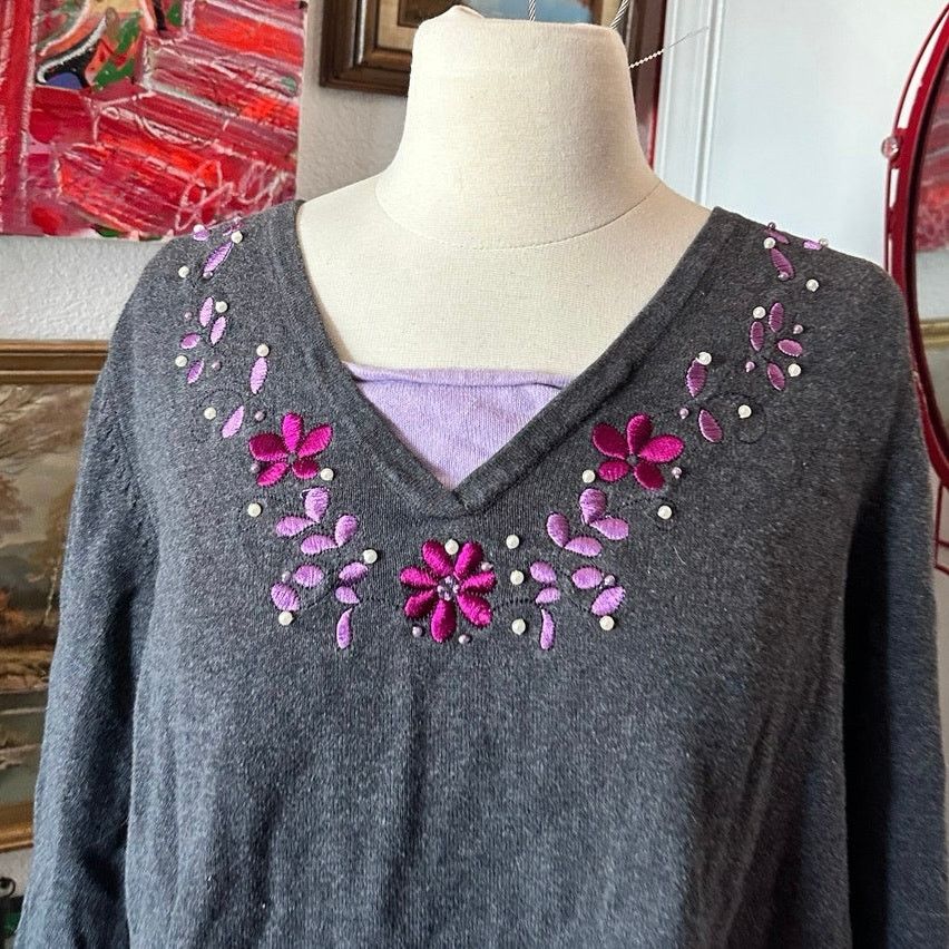 Basic Editions basic editions purple ay floral embroidered long sleeve top Size XL / US 12-14 / IT 48-50 - 2 Thumbnail