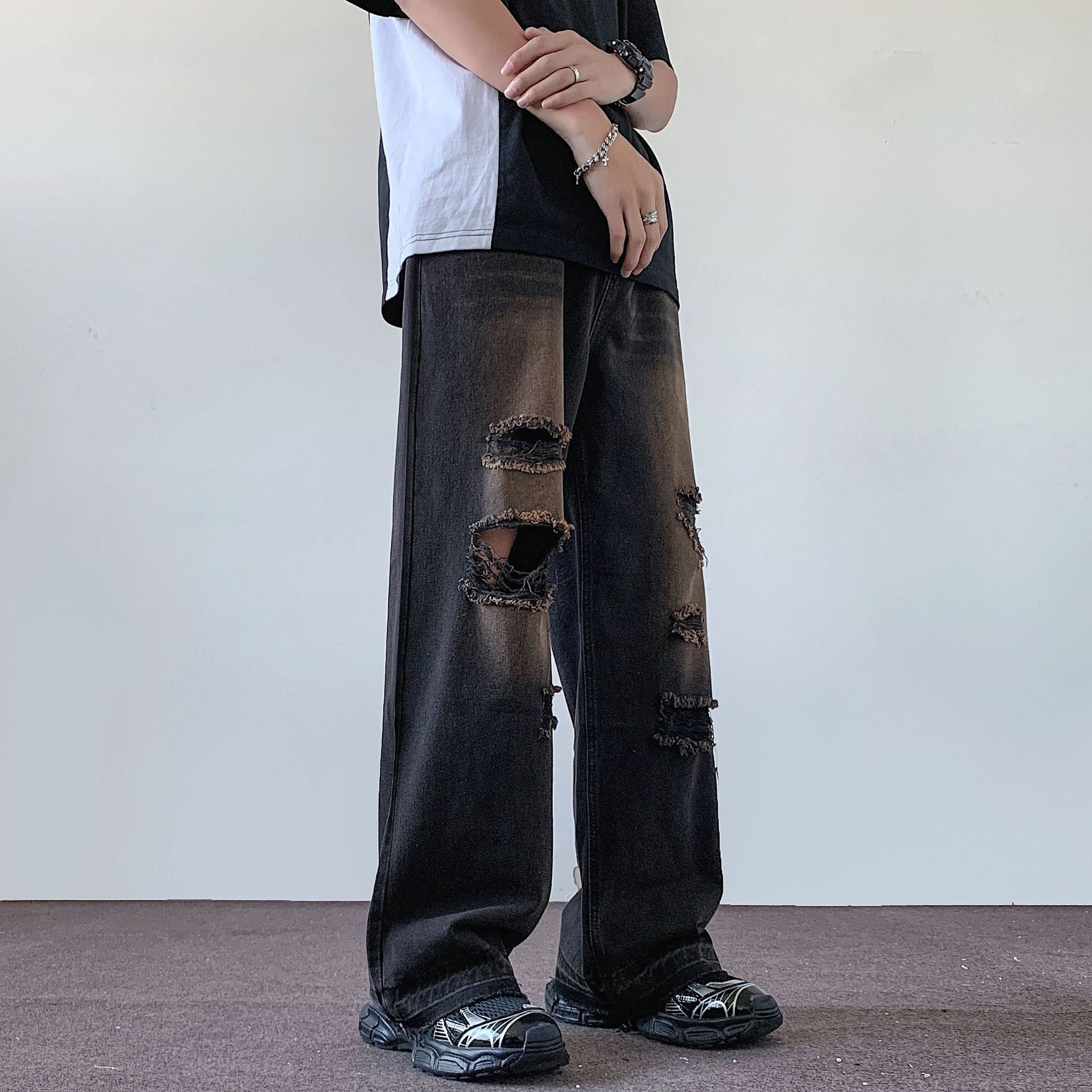 Japanese Brand × Jean Retro loose wide leg fringed ripped jeans Size US 32 / EU 48 - 1 Thumbnail