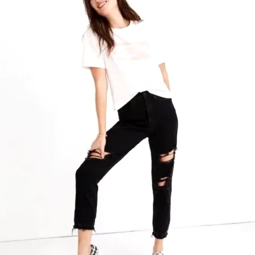 Madewell VINTAGE Madewell Black Distressed Mom Jeans Rips High Rise Womens Sz 27 Size 27" / US 4 / IT 40 - 3 Thumbnail