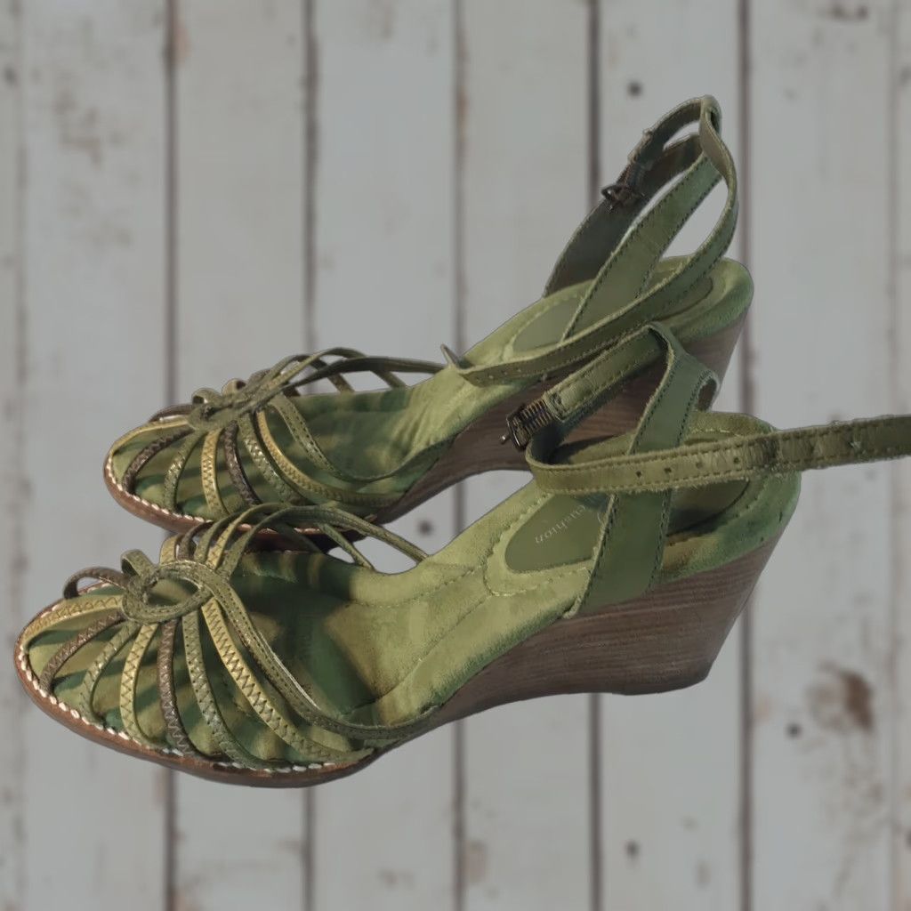 Vintage Dr. Scholl's Embrace Green Leather Strappy Wedge Sandals Womens Size 6M Size US 6 / IT 36 - 1 Thumbnail