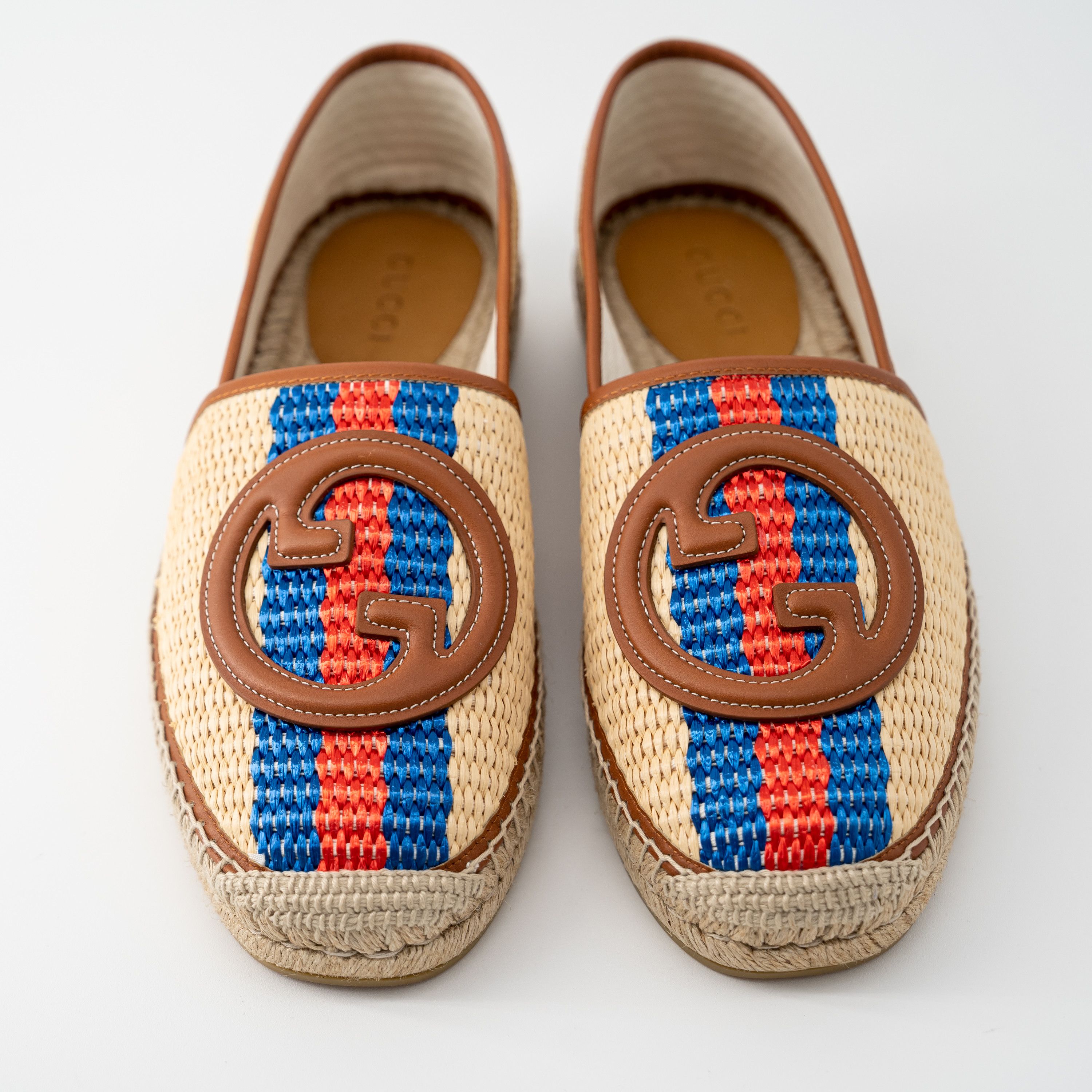 Gucci 9.5G Gucci Brown Raffia GG Espadrilles Red Blue Stripe Size US 10 / EU 43 - 3 Thumbnail
