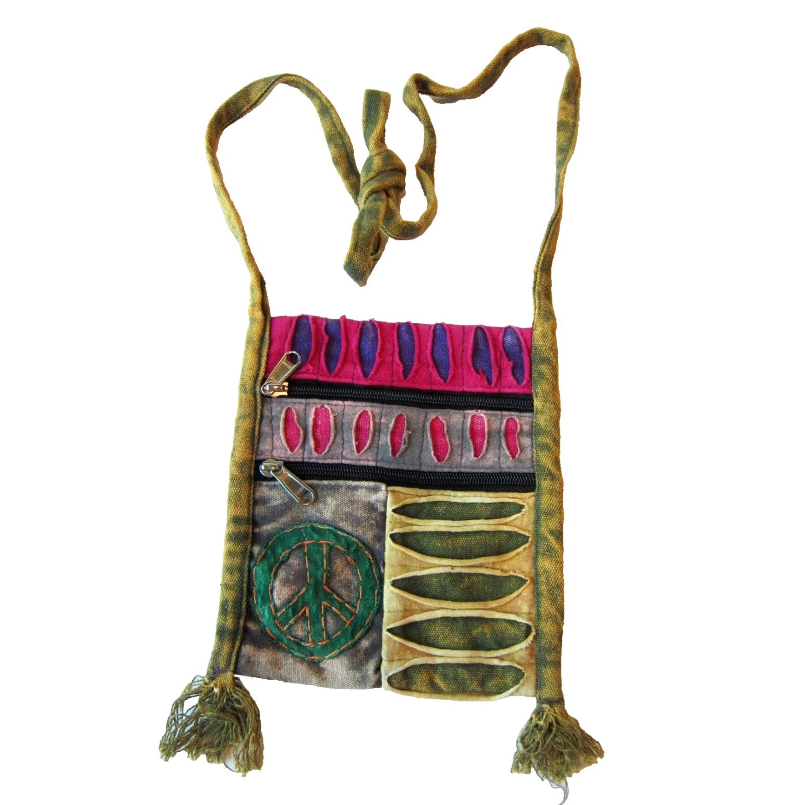 Erima Vintage Rima India Woven Pink Satchel Purse Bag Hippie Peace Sign Crossbody Women's Small Pink Green Straps Adjustable Size ONE SIZE - 2 Thumbnail