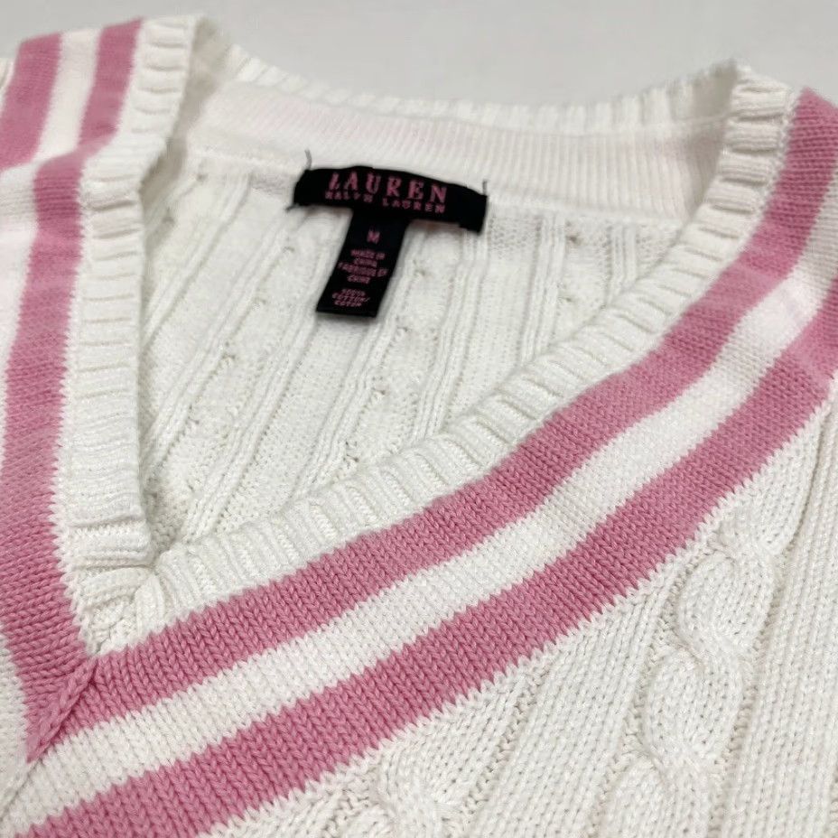 Ralph Lauren Ralph Lauren Sweater Womens M White Pink Cable Knit Tennis Academia Prep Y2K Size M / US 6-8 / IT 42-44 - 3 Thumbnail