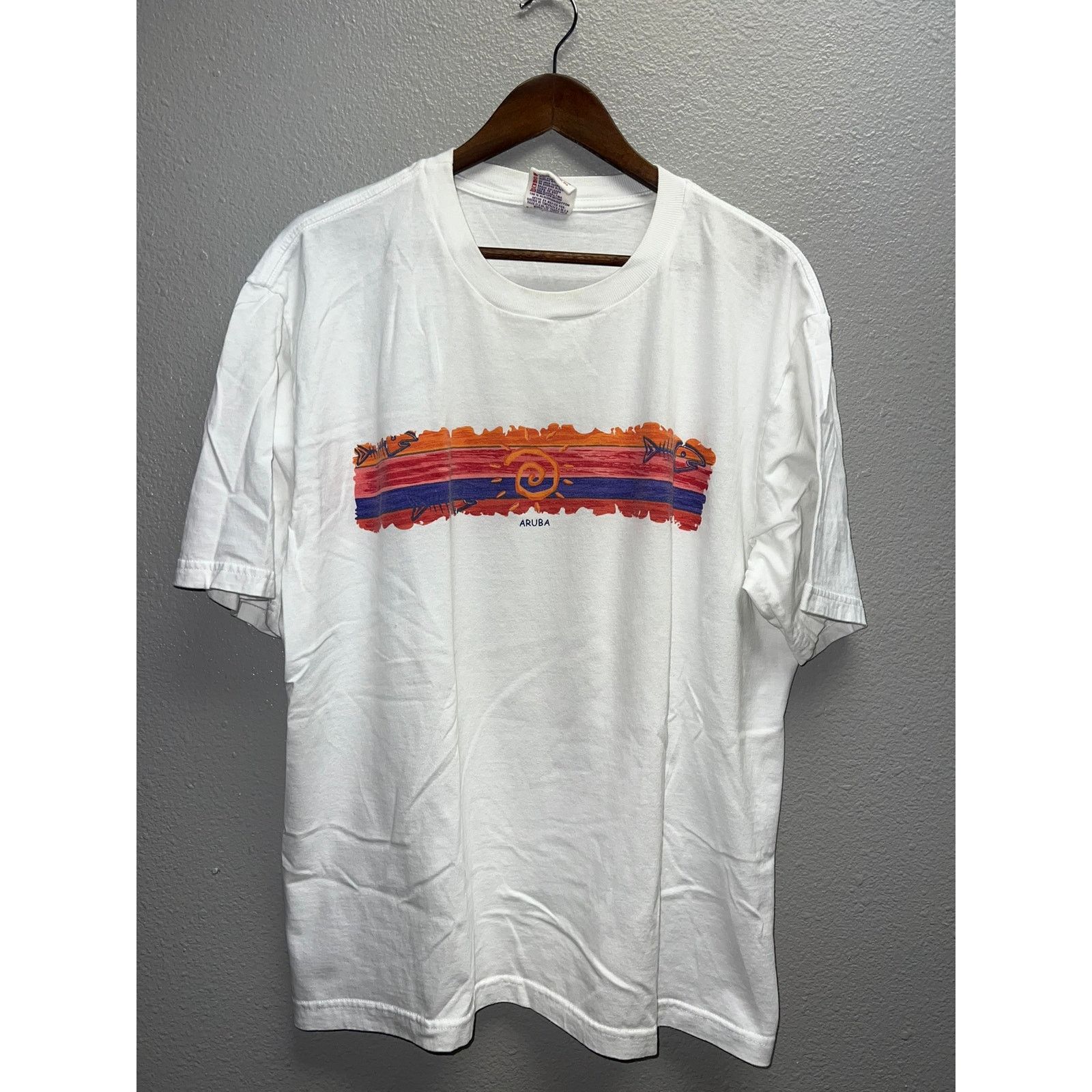 Vintage Vintage Aruba Shirt Fish Bones Sun Miro White Tee 90s XL Size US XL / EU 56 / 4 - 1 Thumbnail