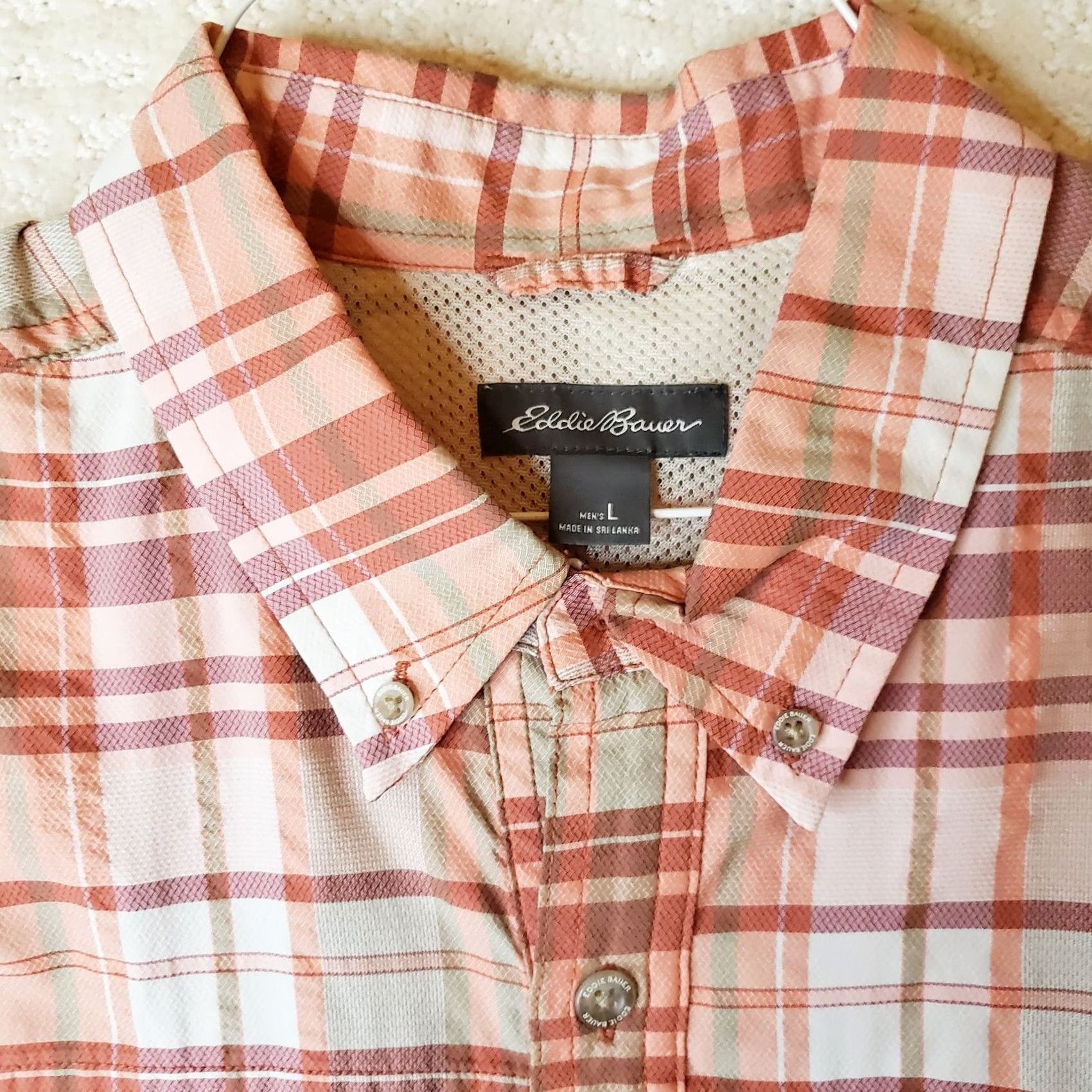 Eddie Bauer EDDIE BAUER Casual Shirt Button-Up Short Sleeve Plaid Peach White Nylon Polyester Microfiber 50 in Chest L Regular Men’s New without Tags Size US L / EU 52-54 / 3 - 6 Thumbnail