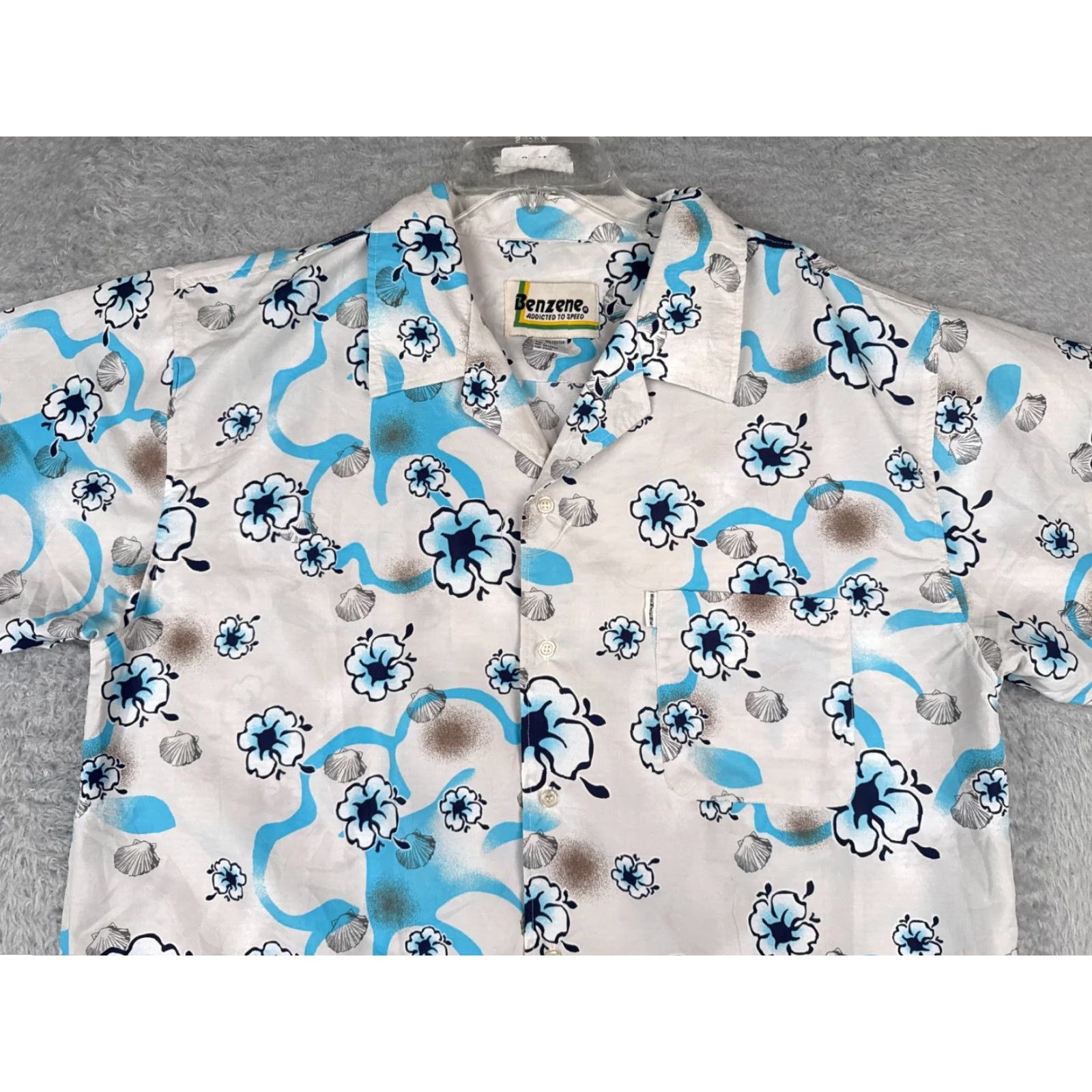 Vintage Benzene Shirt Mens Large White Blue Floral Hibiscus Palm Tree Polyester Hawaiian Size US L / EU 52-54 / 3 - 4 Thumbnail