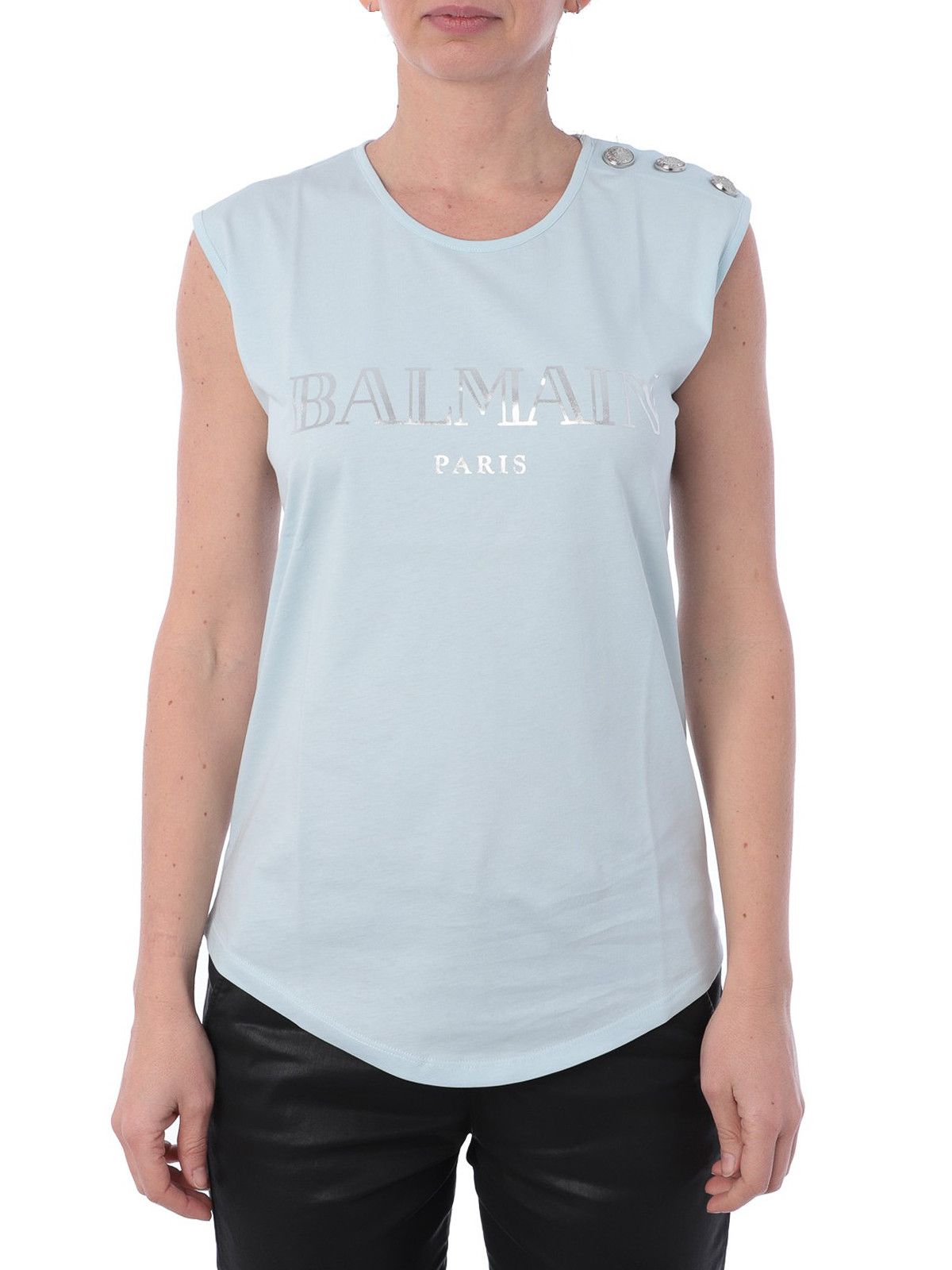 Balmain Baby Blue Metallic Silver Logo Lion Buttons Tank Top Size XS / US 0-2 / IT 36-38 - 2 Thumbnail