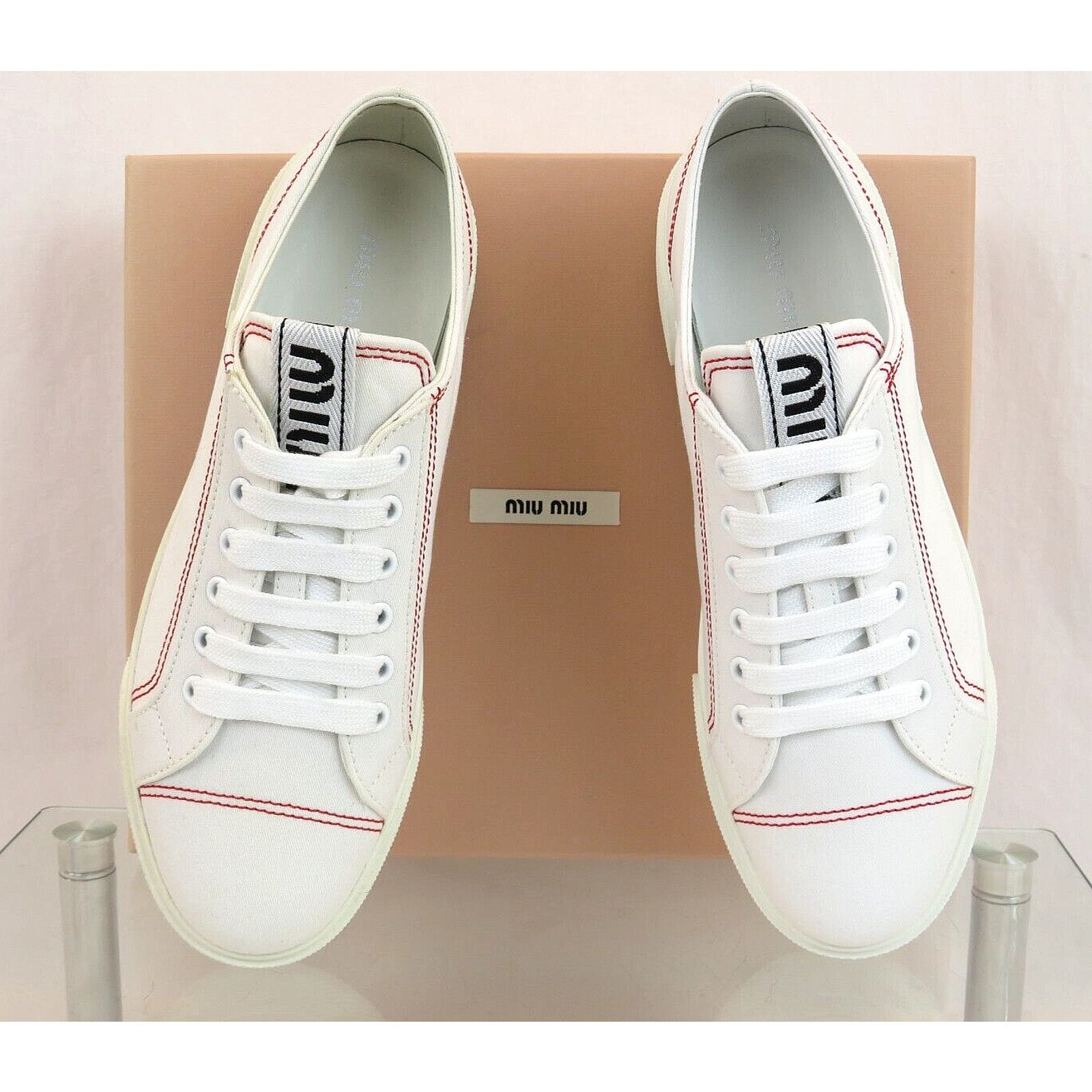 Miu Miu 5E004D WHITE CANVAS RED STITCHING LOGO LACE SNEAKERS 40 Size US 10 / IT 40 - 4 Thumbnail