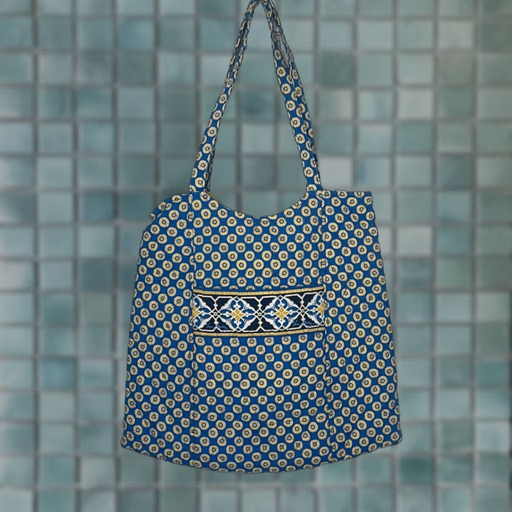 Vera Bradley Vera Riviera Retired Blue Tote Hobo Bag Handbag Purse Multicolor Yellow 13” 15” Medium Women Backpack