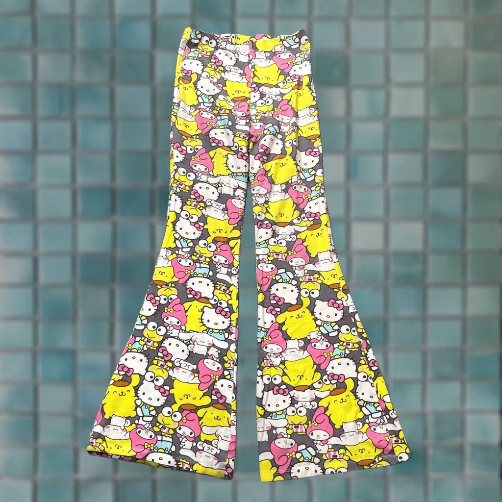 Vintage Hello Kitty Pants Womens 26 Yellow Sanrio Graphic Flared Bell Leg Stretch Anime Size 26" / US 2 / IT 38 - 1 Thumbnail