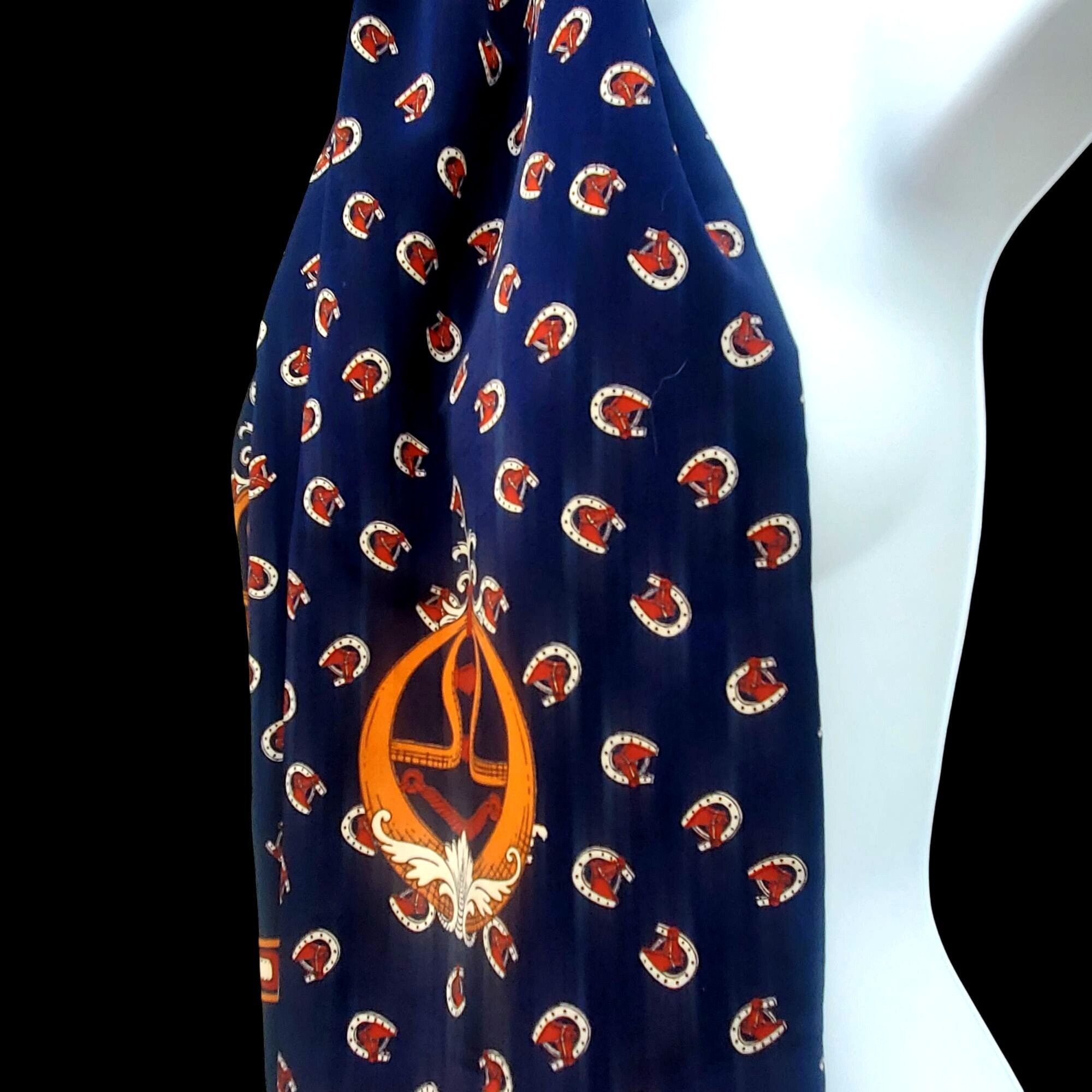 Vintage Vintage Horse Scarf Equestrian Retro Rectangular Navy Brown Size ONE SIZE - 5 Thumbnail