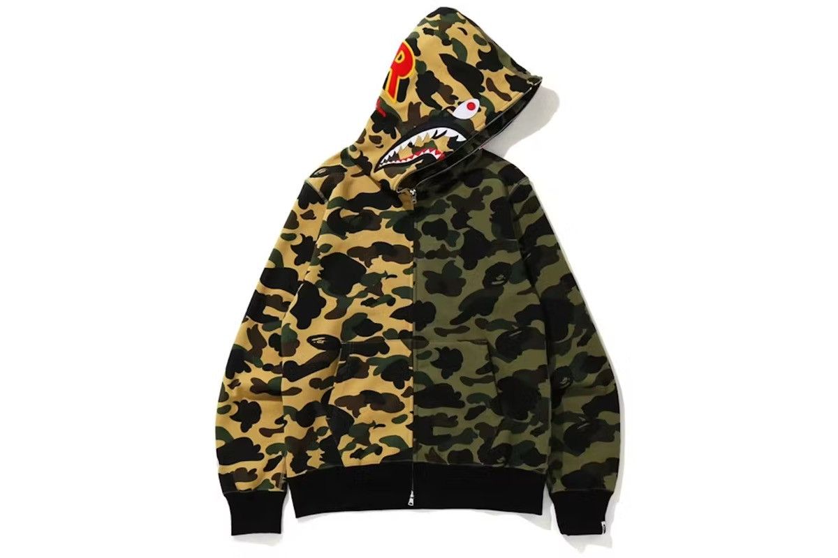 image of Bape 1St Camo Half Split Shark Full Zip Hoodie Green Yellow in Green/Yellow, Men's (Size Large)