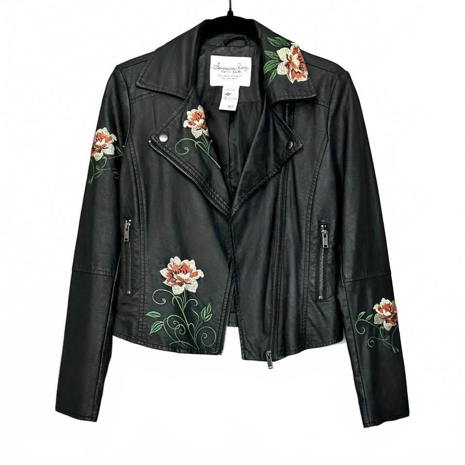 American Rag Chic Floral Embroidered Black Biker Jacket Size XS / US 0-2 / IT 36-38 - 1 Thumbnail