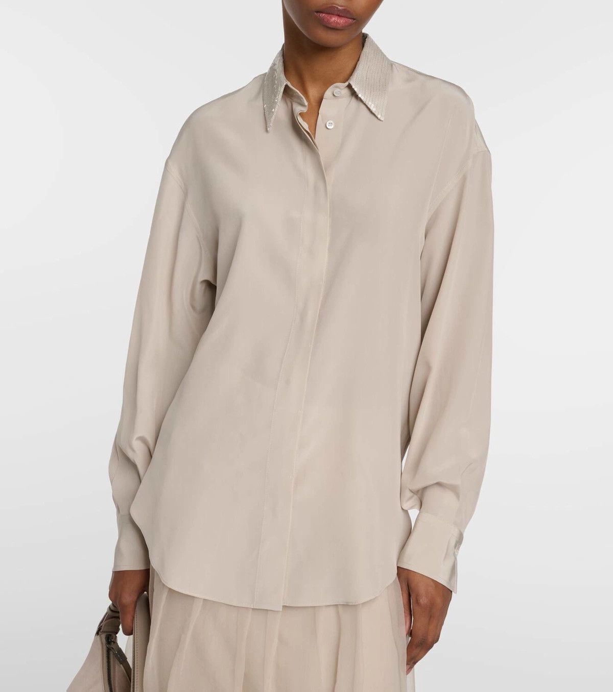 Brunello Cucinelli o1y0725 Silk Shirt in Beige Size M / US 6-8 / IT 42-44 - 4 Thumbnail