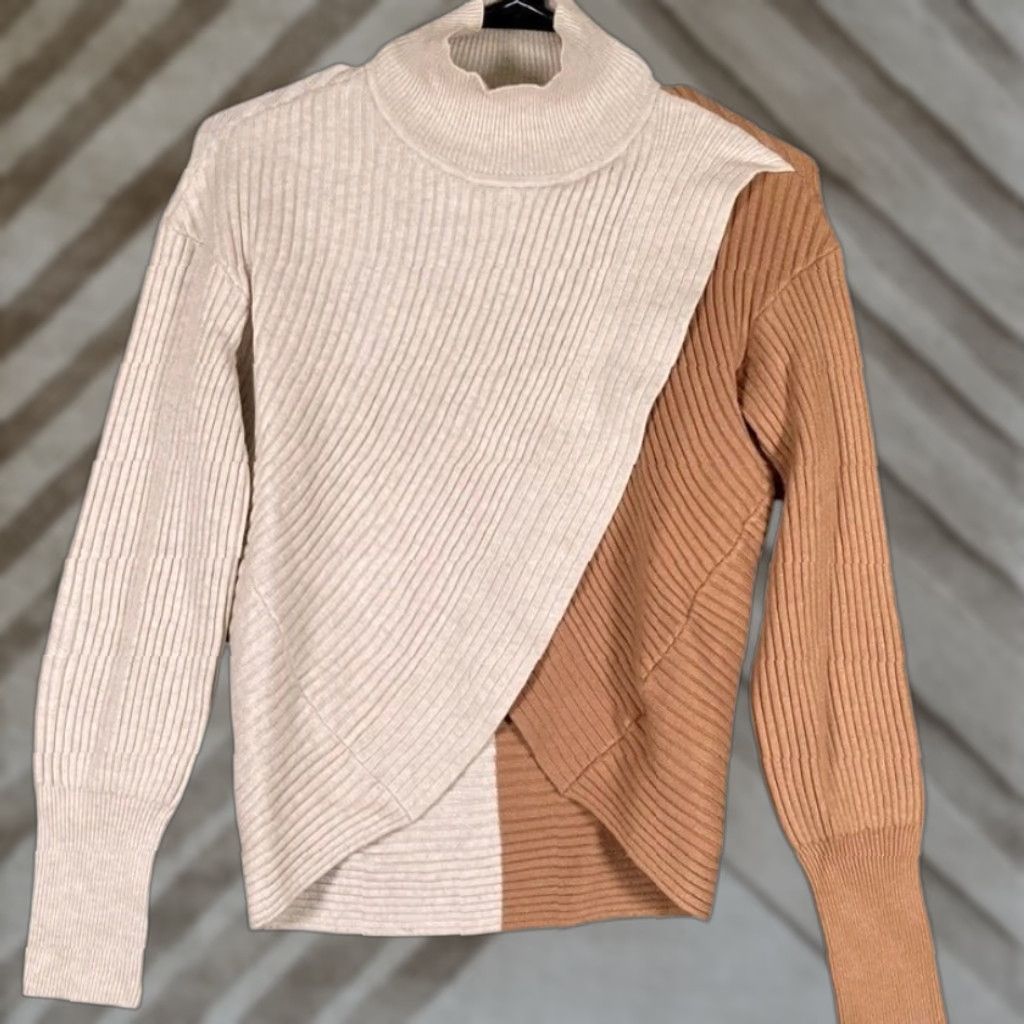 Express Express Womens Sweater XS Tan Brown Crossover Front Mock Neck Long Sleeve Size XS / US 0-2 / IT 36-38 - 1 Thumbnail