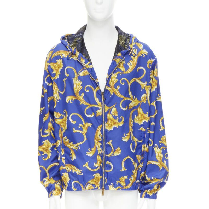 Versace VERSACE blue gold Barocco Istante print nylon windbreaker jacket IT52 XL Size US XL / EU 56 / 4 - 1 Thumbnail