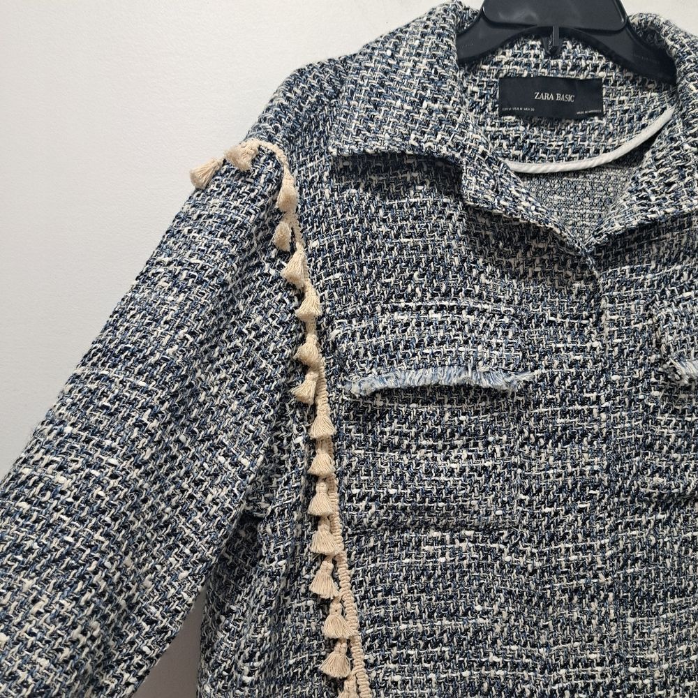 Zara Zara Tweed Jacket Boho Western Tassel Pockets Medium Blue/Wh Size M / US 6-8 / IT 42-44 - 11 Thumbnail