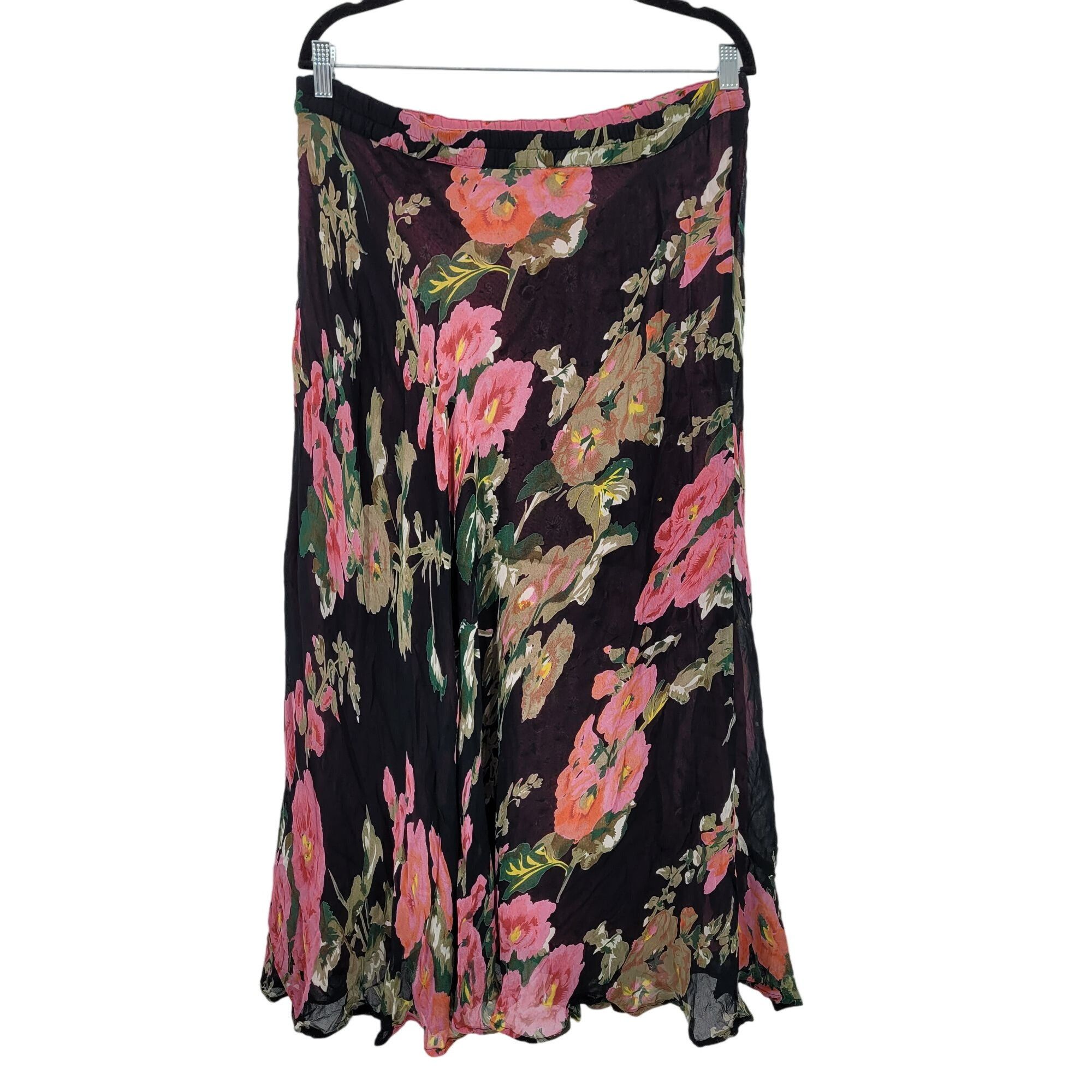 Vintage Vintage Reversible Floral Maxi Skirt M Black Pink Ditzy Size 35" - 14 Thumbnail