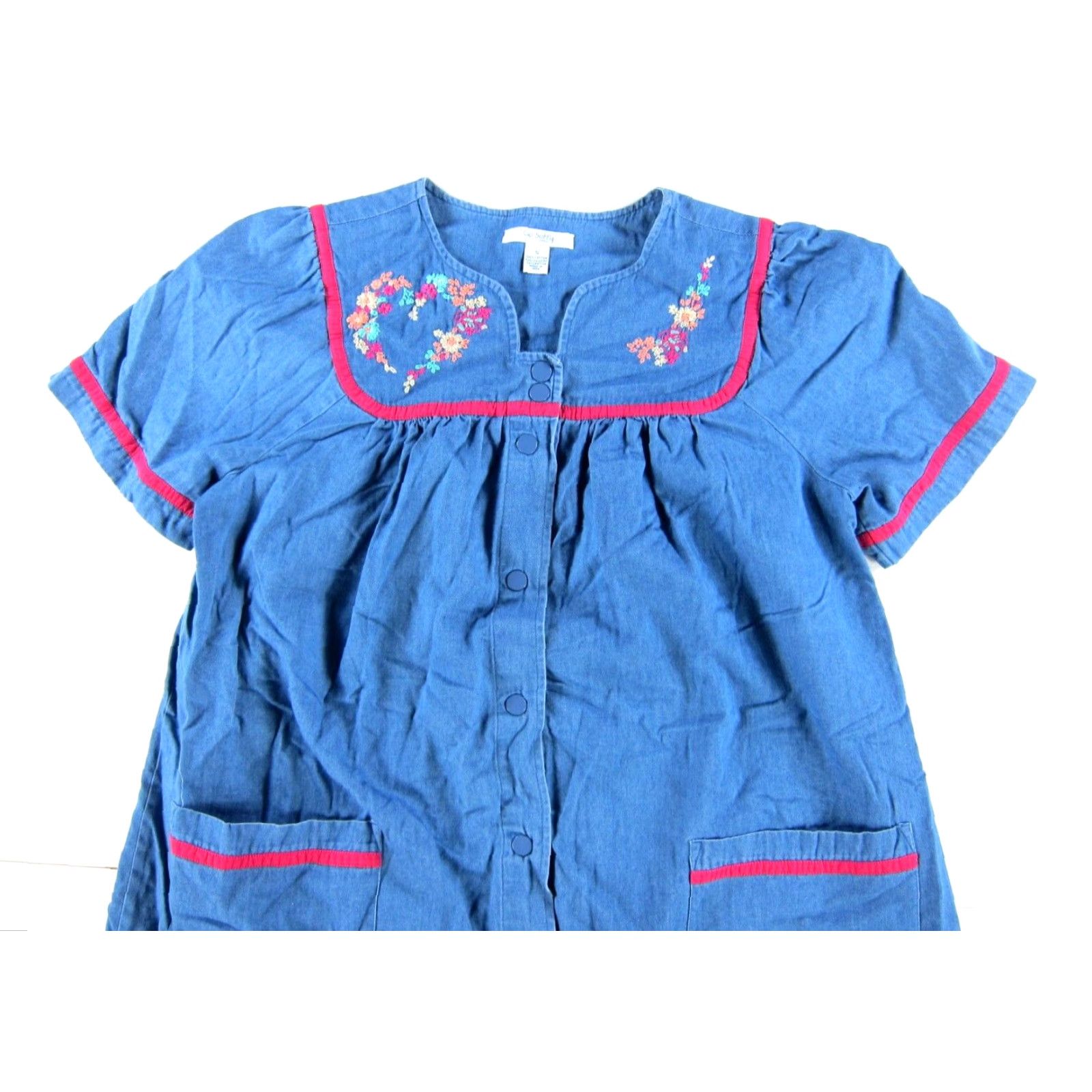 Denime VINTAGE Go Softly Patio Cotton Blue Denim Pink Floral Embroidered Pocket Dress S Size S / US 4 / IT 40 - 3 Thumbnail