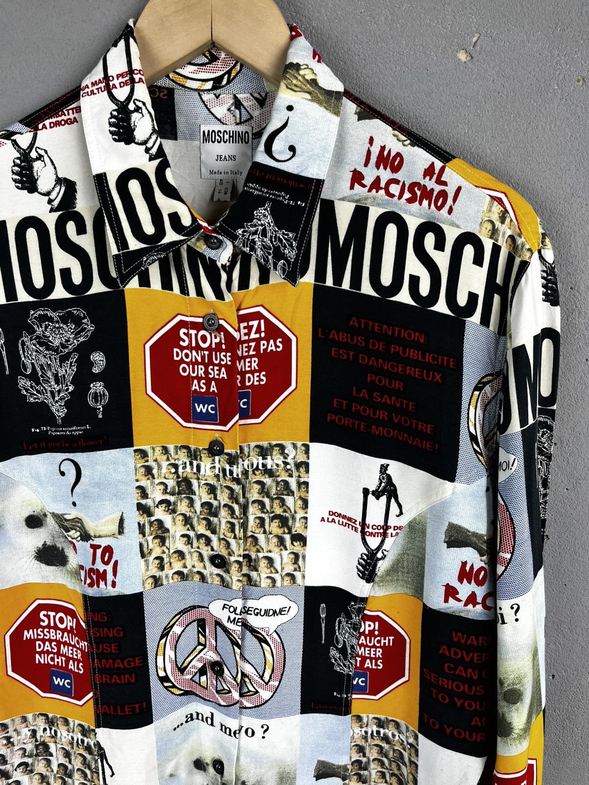 Moschino 1990s Moschino multicoloured viscose "No to racism" shirt Size M / US 6-8 / IT 42-44 - 3 Thumbnail