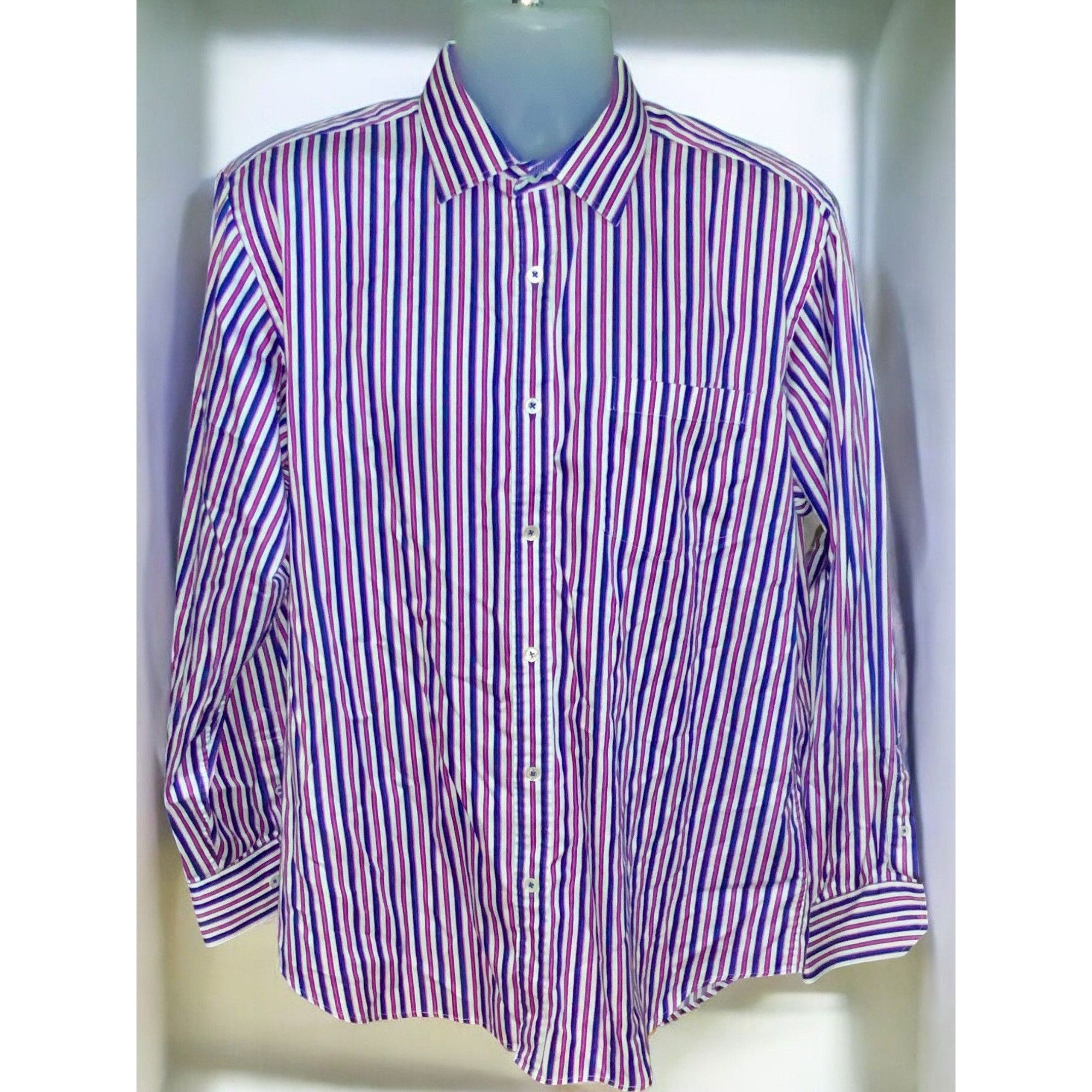 Bugatti Bugatchi Mens Cotton Classic Purple White Striped Shirt XL Size US XL / EU 56 / 4 - 2 Thumbnail