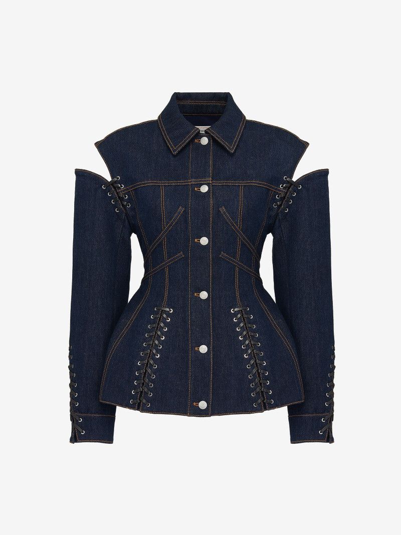 Alexander McQueen o1srvl11e0226 Lace Detail Slashed Denim Jacket In Blue Size L / US 10 / IT 46 - 1 Thumbnail