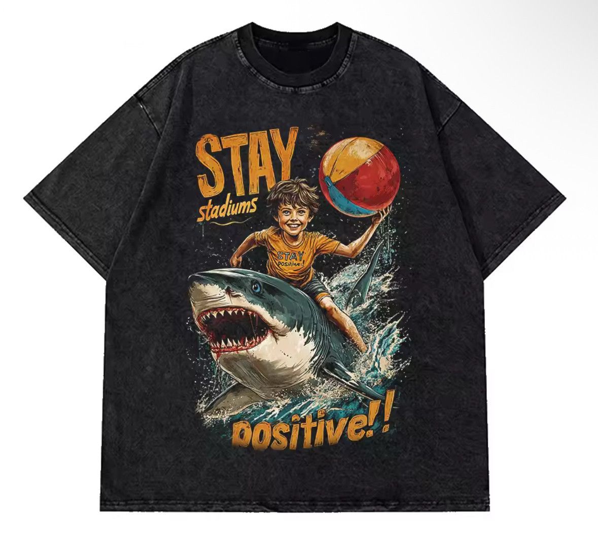 Japanese Brand Vintage Stay Positive Shark Print Washed Short Sleeve TShirt Size US XXL / EU 58 / 5 - 1 Thumbnail