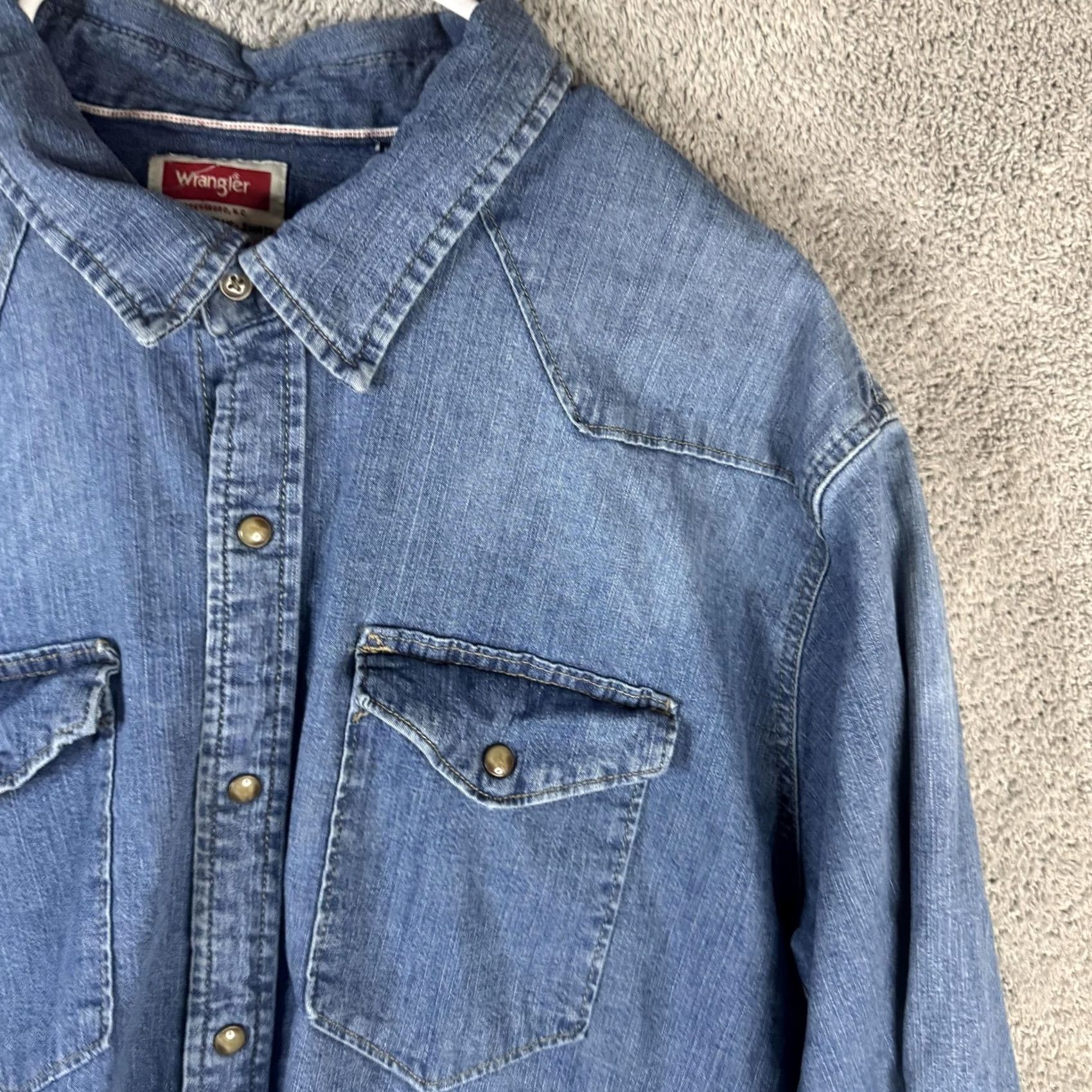 Wrangler Wrangler Shirt Mens 3XL Blue Denim Western Pearl Snap Long Sleeve Cowboy Ranch Size US XXL / EU 58 / 5 - 4 Thumbnail