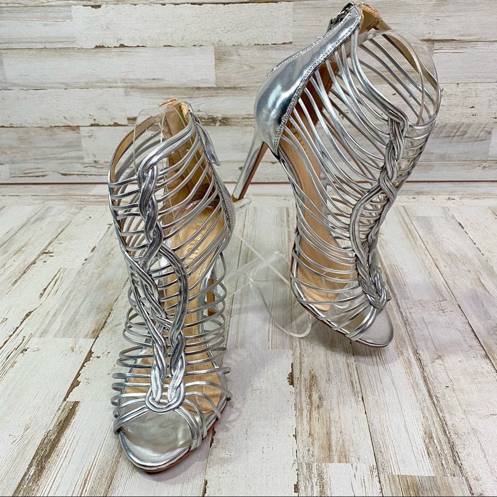 image of Schutz Margaery Caged Strappy Sandal Size 6B Silver Metallic, Women's