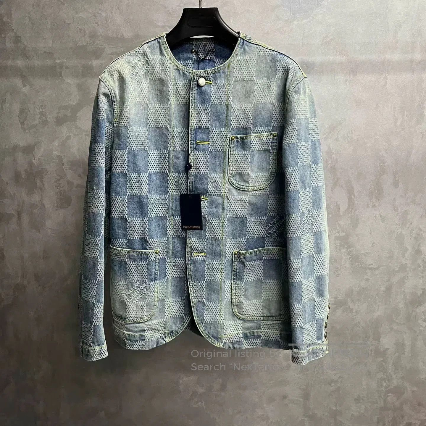 blue checkerboard long sleeve denim jacket.