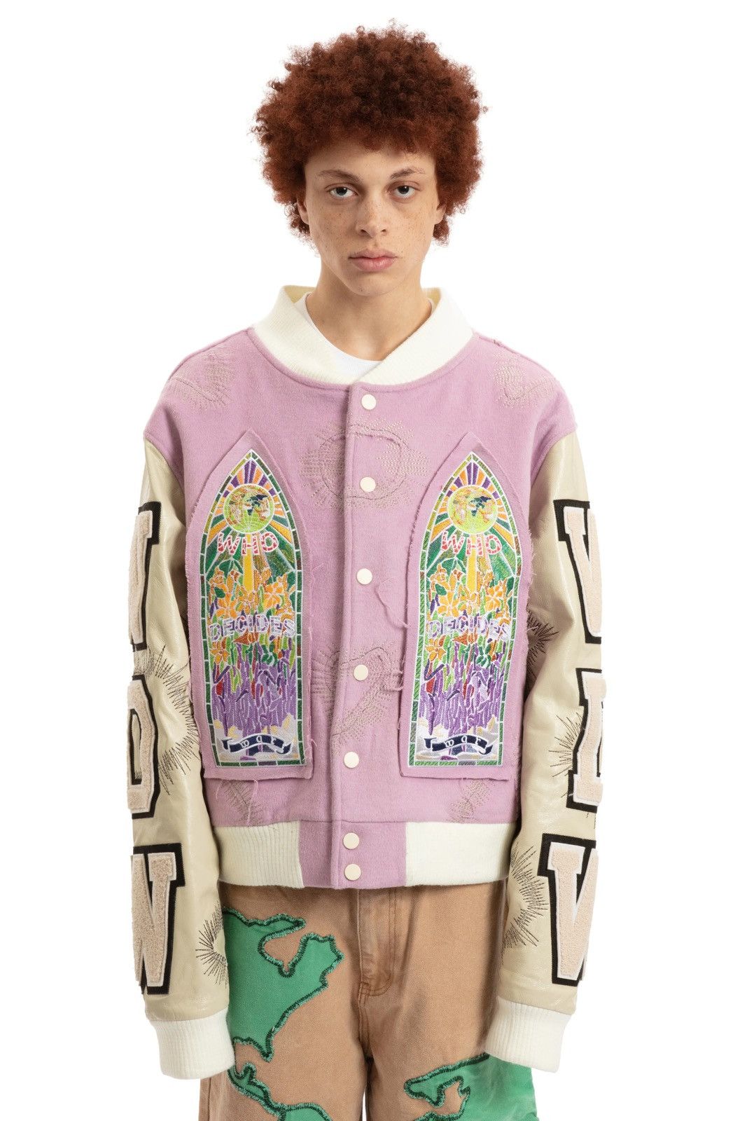image of 《Slurp High》Who Decides War Namesake Varsity Jacket Rose in Pink, Men's (Size Medium)