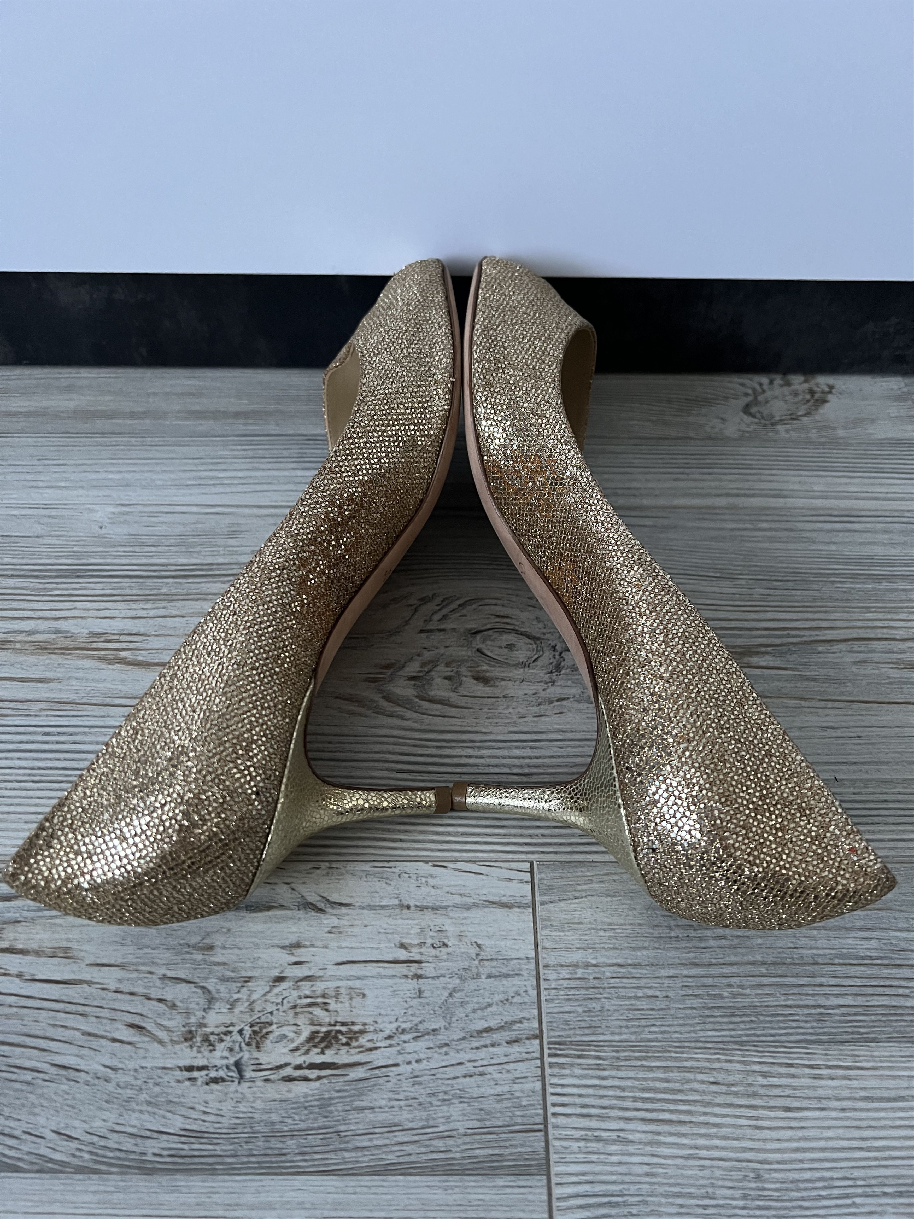 Jimmy Choo Jimmy Choo Gold Glitter Peep Toe Leather Heels Size 40 Size US 10 / IT 40 - 5 Thumbnail