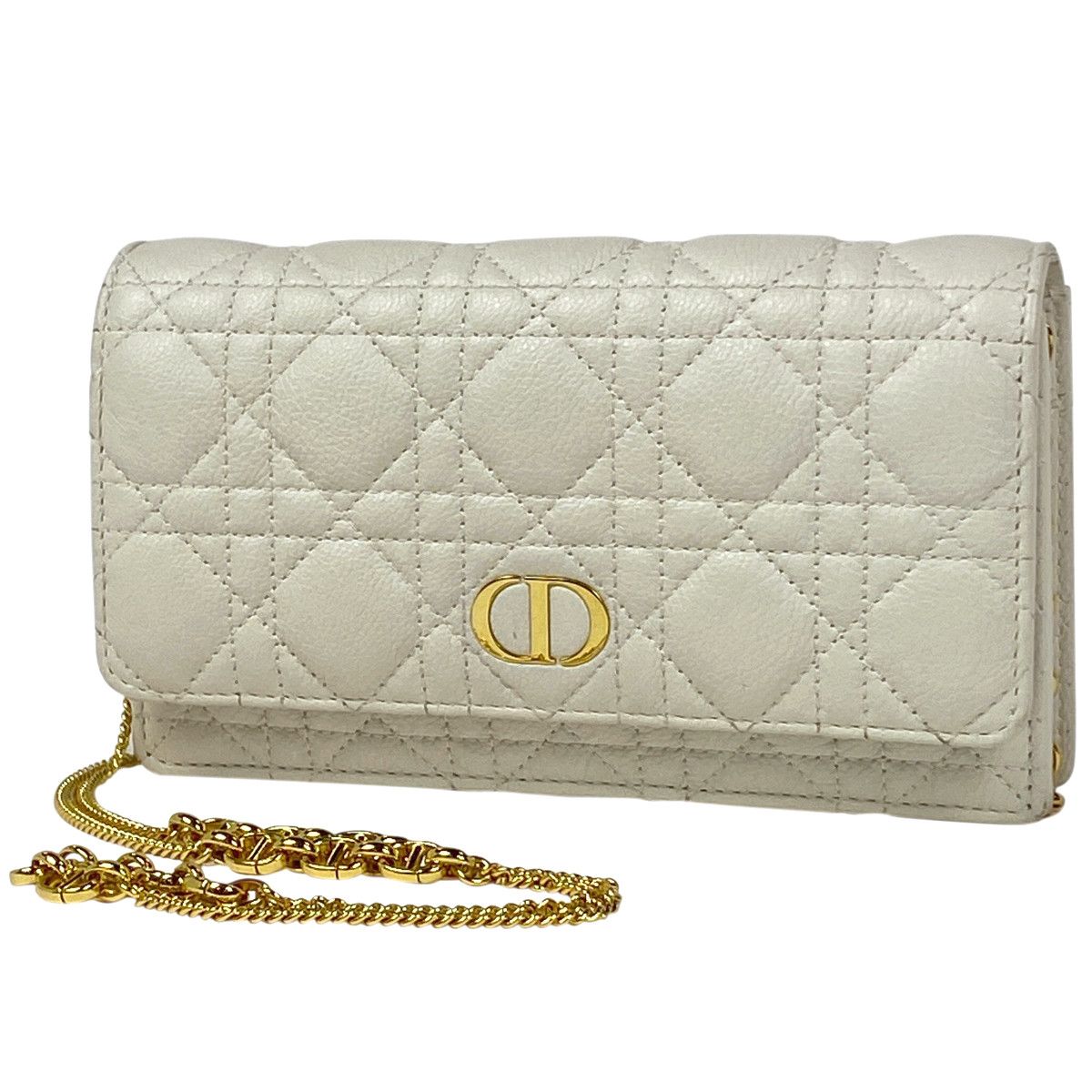 image of Christian Dior Logo Chain Wallet Cannage Shoulder Bag Leather White, Women's