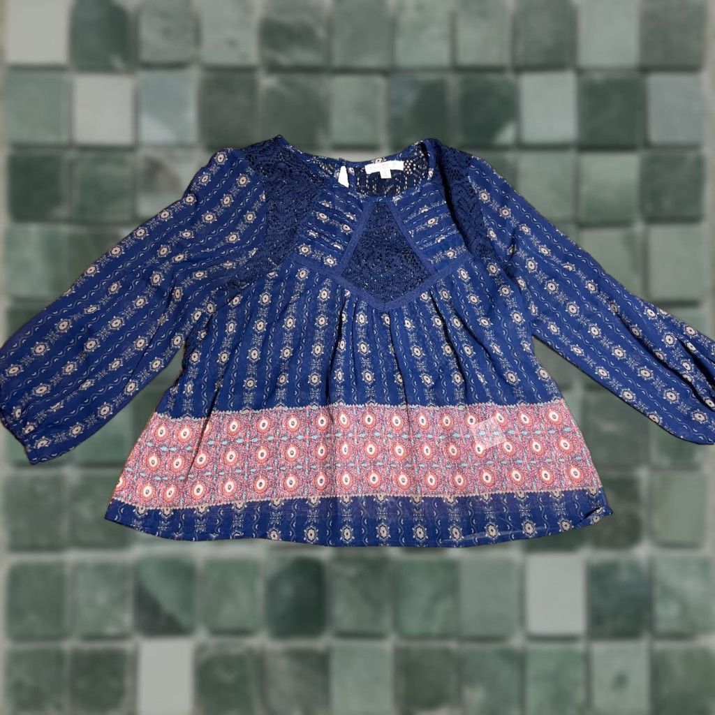 Vintage Love Fire Blouse Womens Small S Blue Floral Long Sleeve Sheer Light Weight Size S / US 4 / IT 40 - 1 Thumbnail