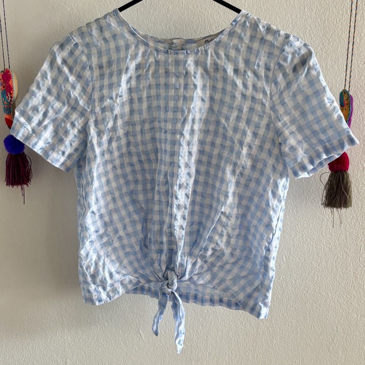 Madewell Blue Madewell Gingham Tie-Front Top Size XXS / US 00 / IT 34 - 1 Thumbnail