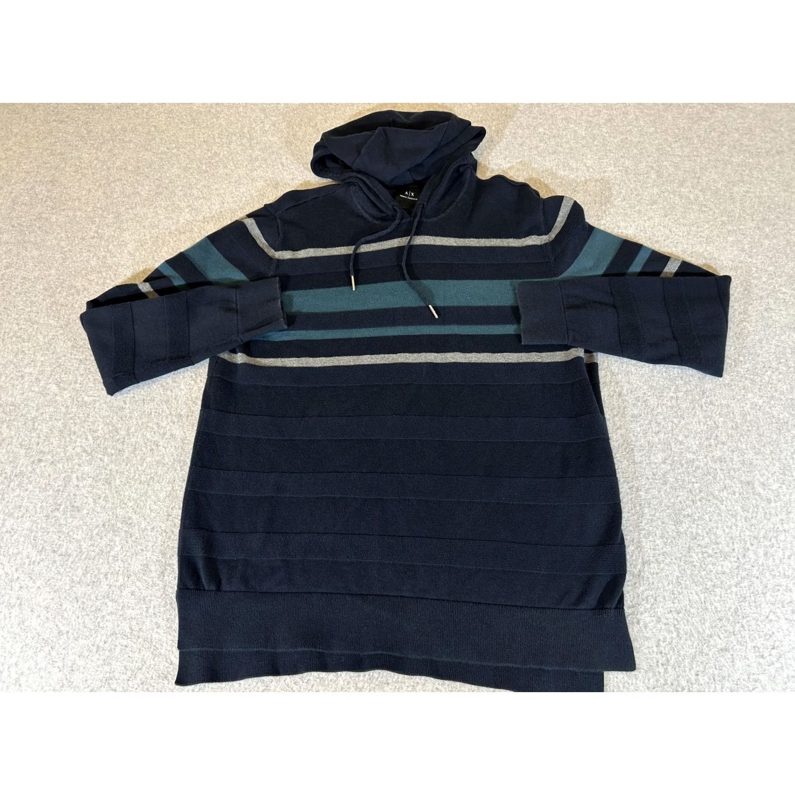Armani Exchange Armani Exchange Sweater Mens Medium Navy Knit Striped Hooded Longline Pullover Size US M / EU 48-50 / 2 - 2 Thumbnail
