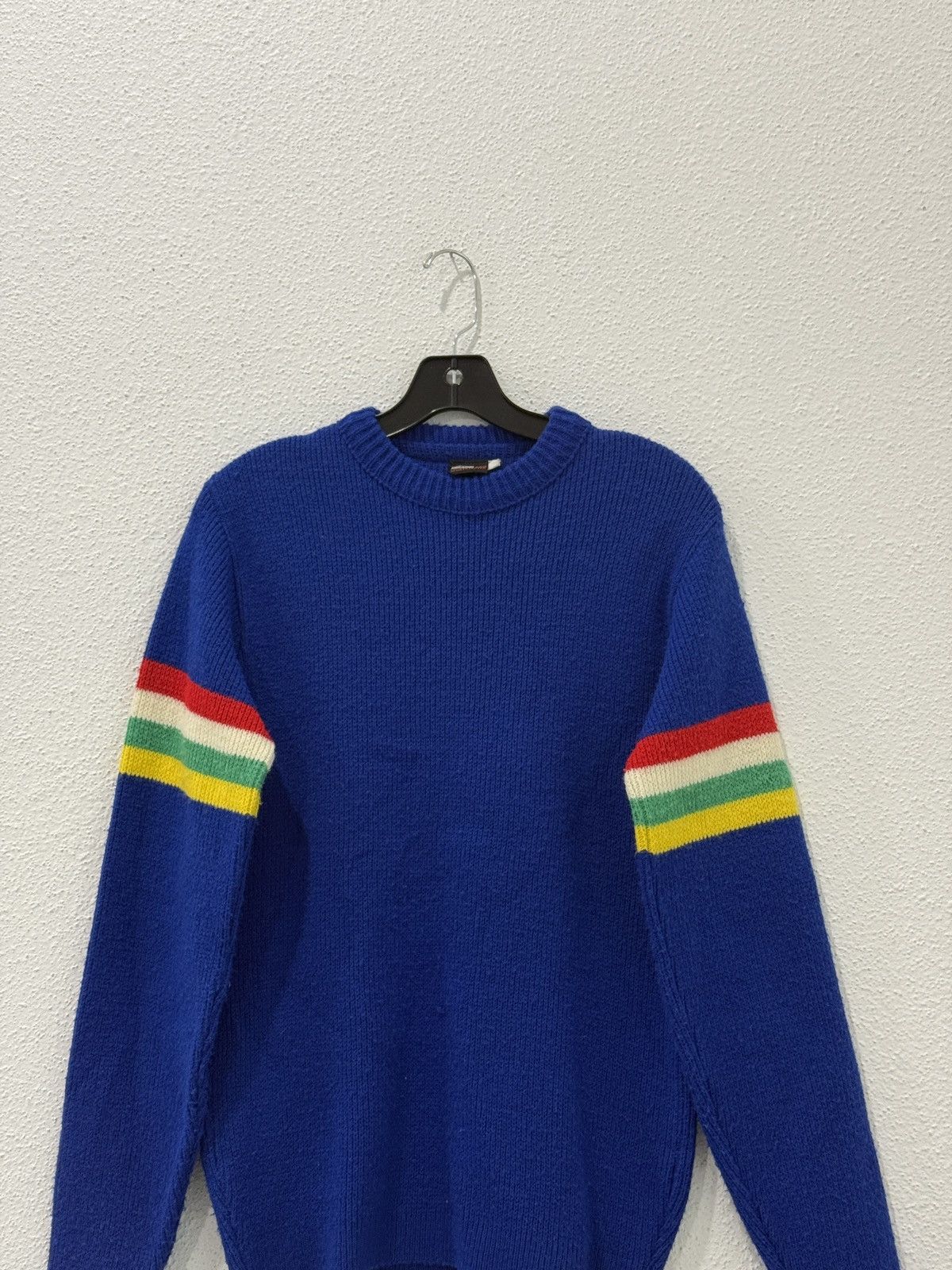 Sears Vintage 1970s Sears Blue Knit Rainbow Striped Sleeve Sweater Size US S / EU 44-46 / 1 - 2 Thumbnail
