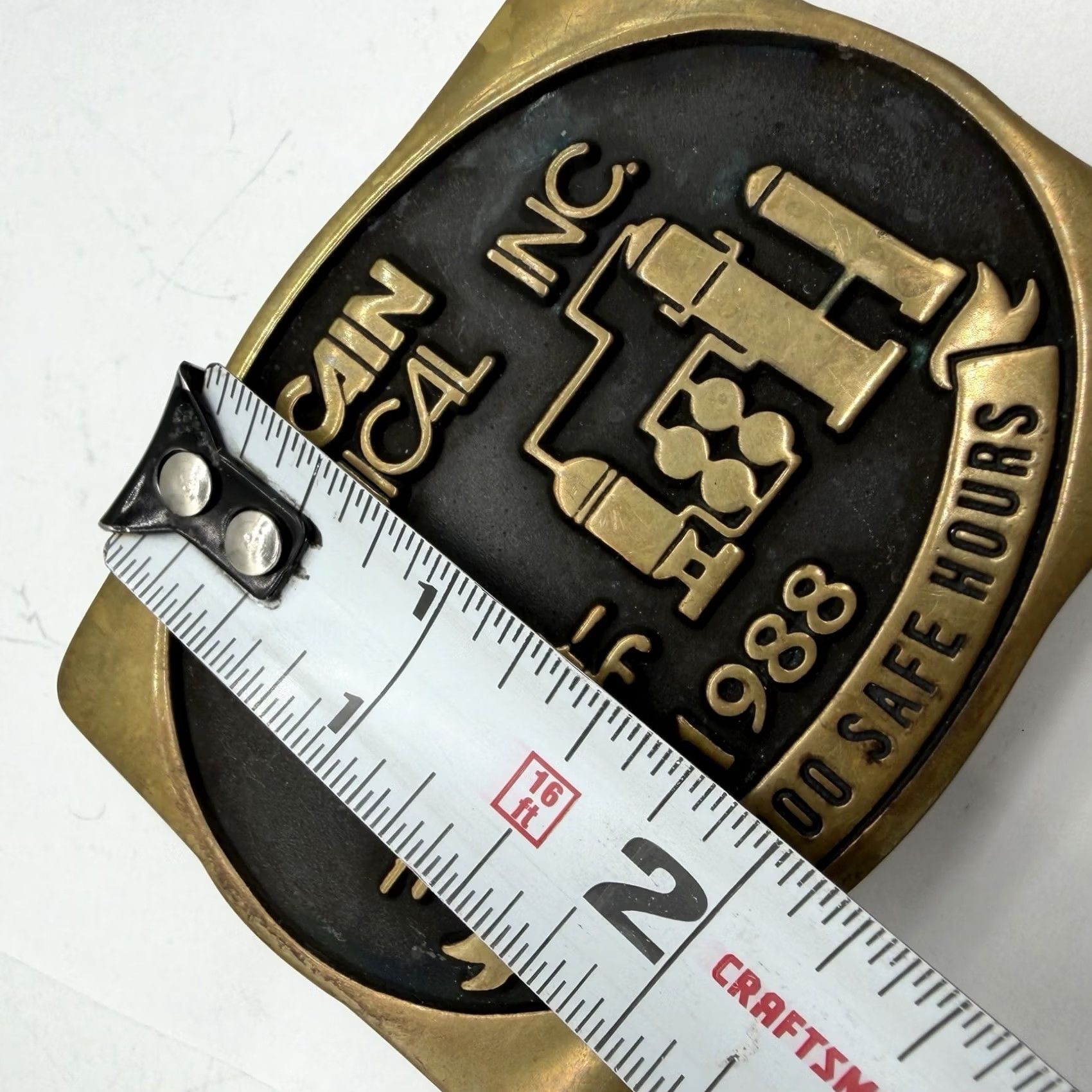 Vintage VINTAGE Cain Chemical Belt Buckle Bronze Brass 1988 Safe Hours Handmade Advertising Anacortes Brass Works Belt Buckle Bronze 1970s Mens Size ONE SIZE - 2 Thumbnail