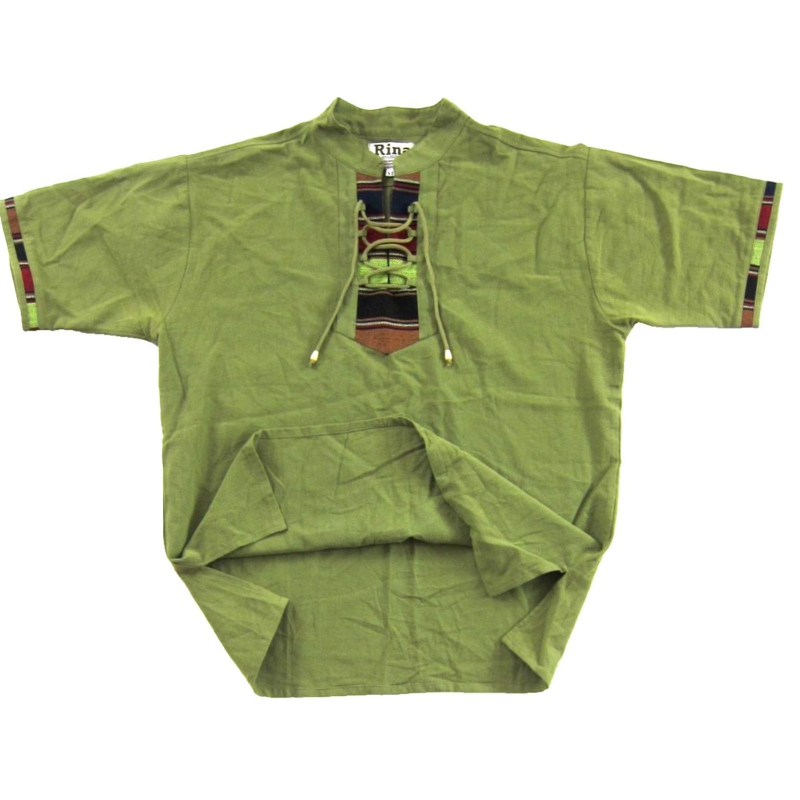 Olive VINTAGE Rina Shirt Men M Olive Green 100% Cotton Guatemala Hippie Short Sleeve Henley Neck Tie Casual Travel Vintage Fashion Size US M / EU 48-50 / 2 - 5 Thumbnail
