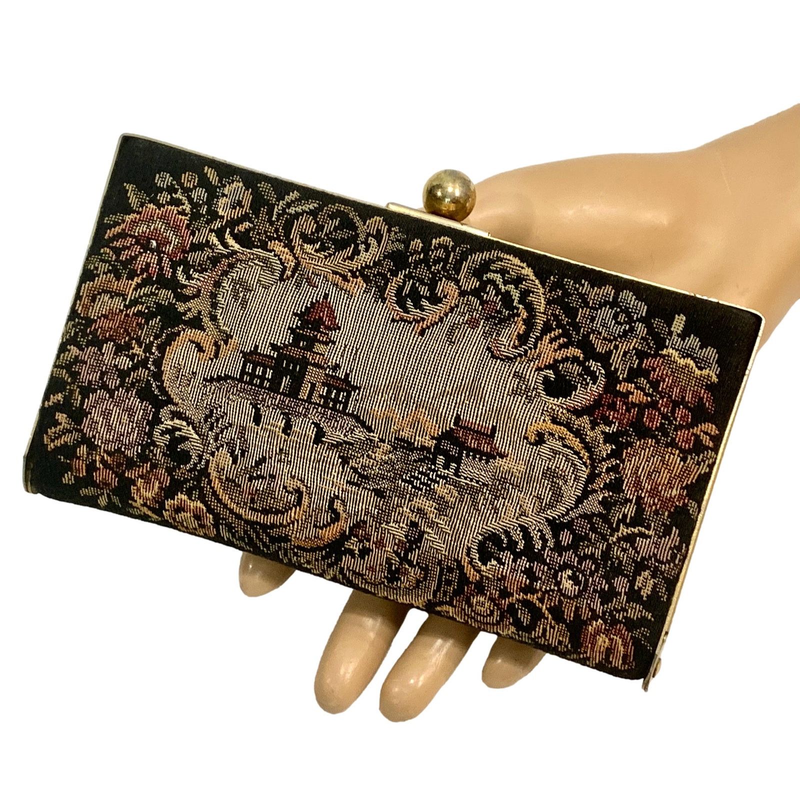 Vintage 60S Small Tapestry Frame Bag Minaudiere Clutch in Black, Women's